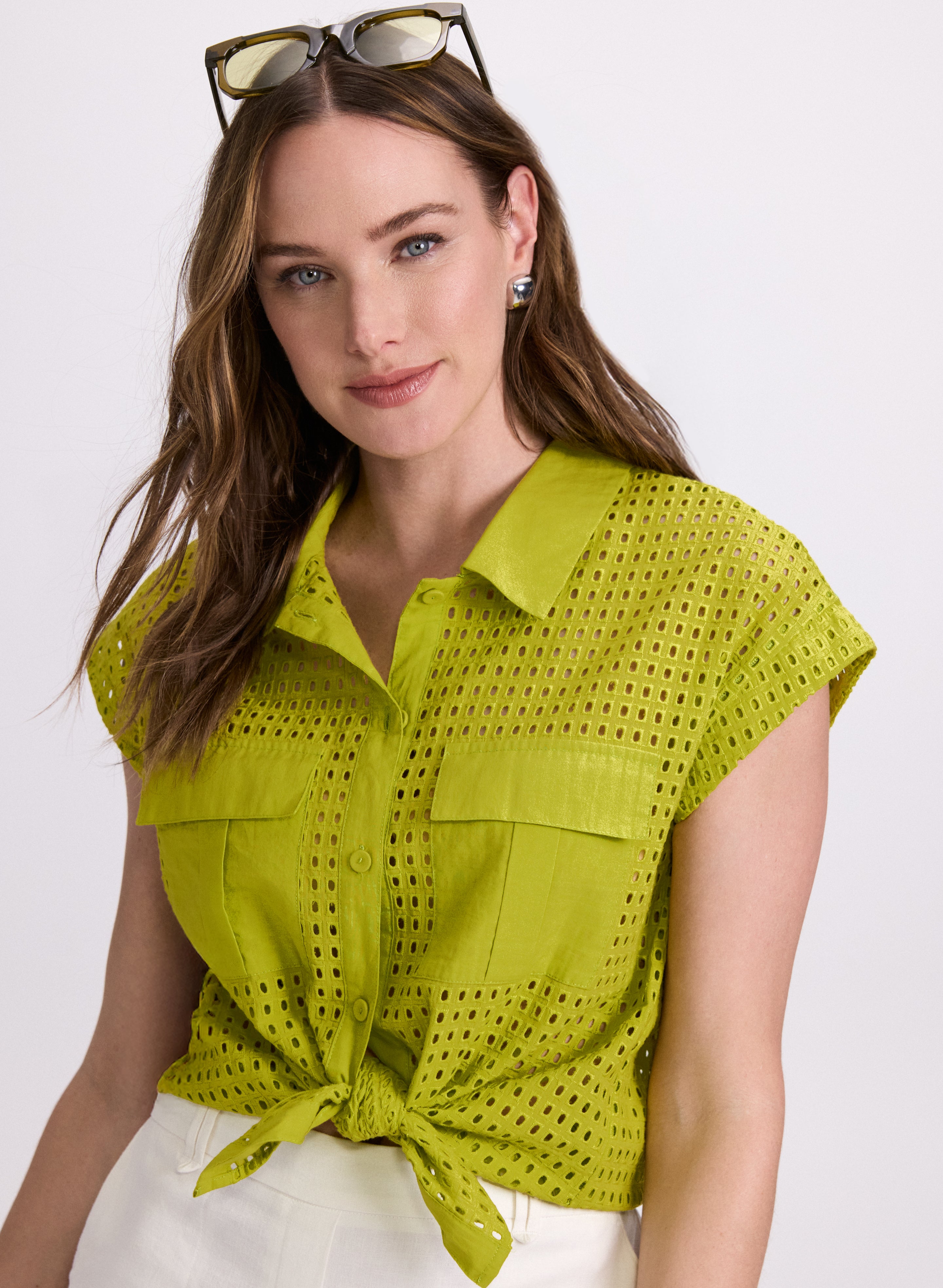 Stylish Eyelet Button Down Blouse for Women - Breathable Summer Office & Casual Wear