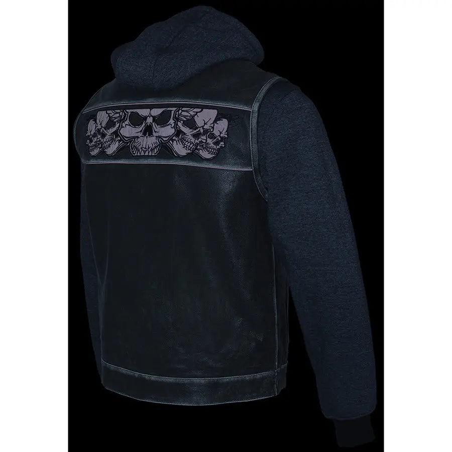 Milwaukee Men's Black Leather Vest with Reflective Skull Design & Hooded Liner - Motorcycle Riding, Biker Jacket for Harley Davidson, Outdoor Adventure Gear