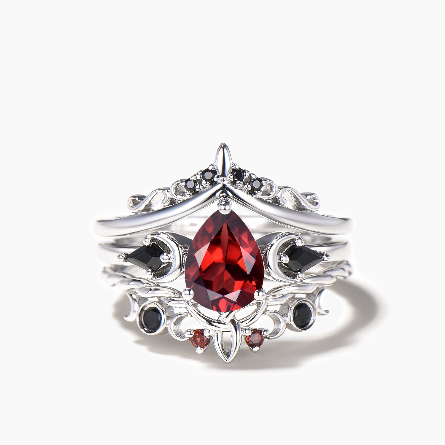 3Pcs Pear Cut Garnet Moon Engagement Ring with Black Spinel Celtic Knot Bridal Set for Wedding, Anniversary & Romantic Proposal Gifts