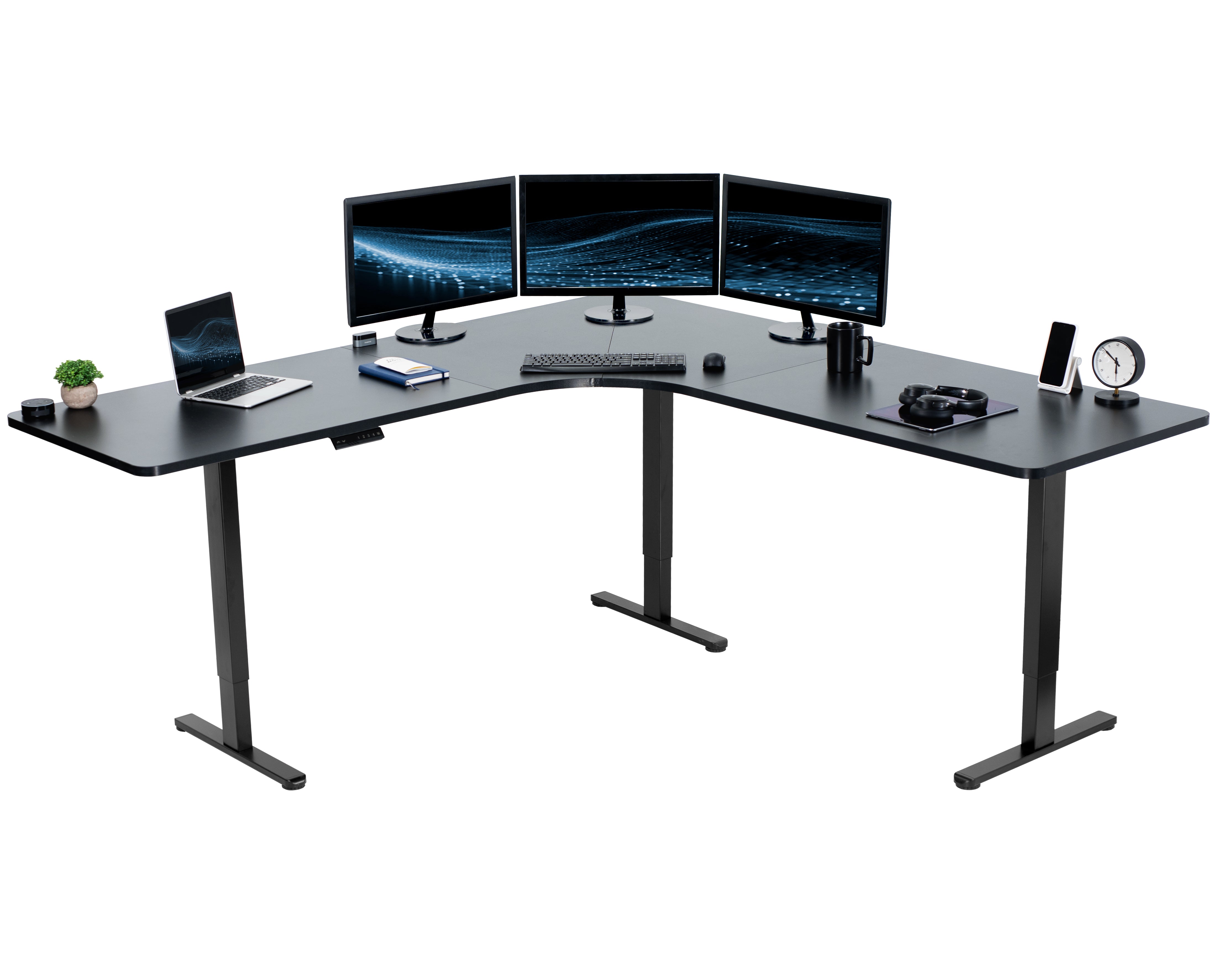 E3 Series Curved Corner Triple Motor Electric Standing Desk with Push Button Memory Controller - Adjustable Height Home Office Desk for Work, Gaming & Study
