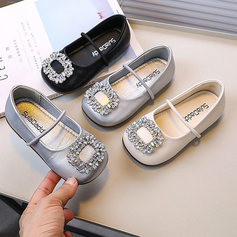 Sparkling Crystal Square Toe Leather Shoes for Girls - Elegant Party & Special Occasion Dress Shoes for Weddings, Pageants, and Formal Events
