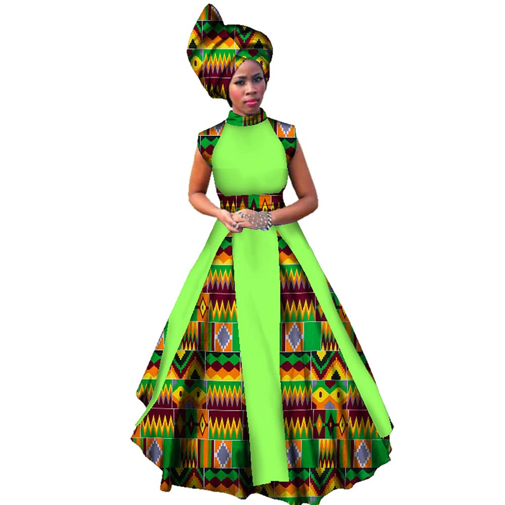 Stylish African Print Maxi Dress for Women - Sleeveless Party Dress with Matching Head Scarf - Plus Size Flowy Summer Dress for Weddings, Beach Vacations & Cultural Events