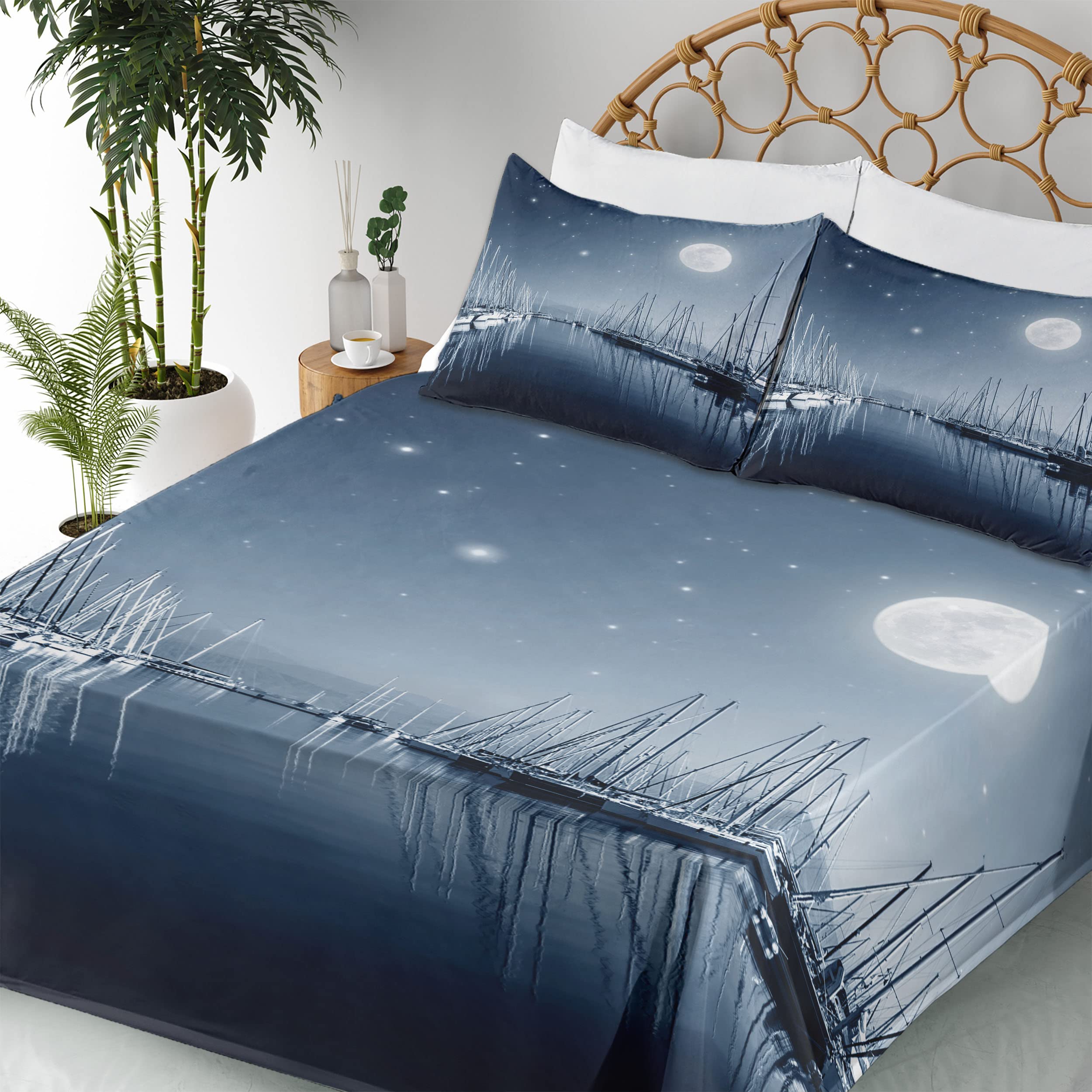 Ambesonne Boats Sheet Set - Tranquil Marina Night View with Stars & Full Moon, 4-Piece King Size Bedding Set (Fitted Sheet, Flat Sheet, 2 Pillowcases) in Slate Blue & White - Perfect for Coastal & Nautical Themed Bedrooms, Guest Rooms, or Vacation Homes