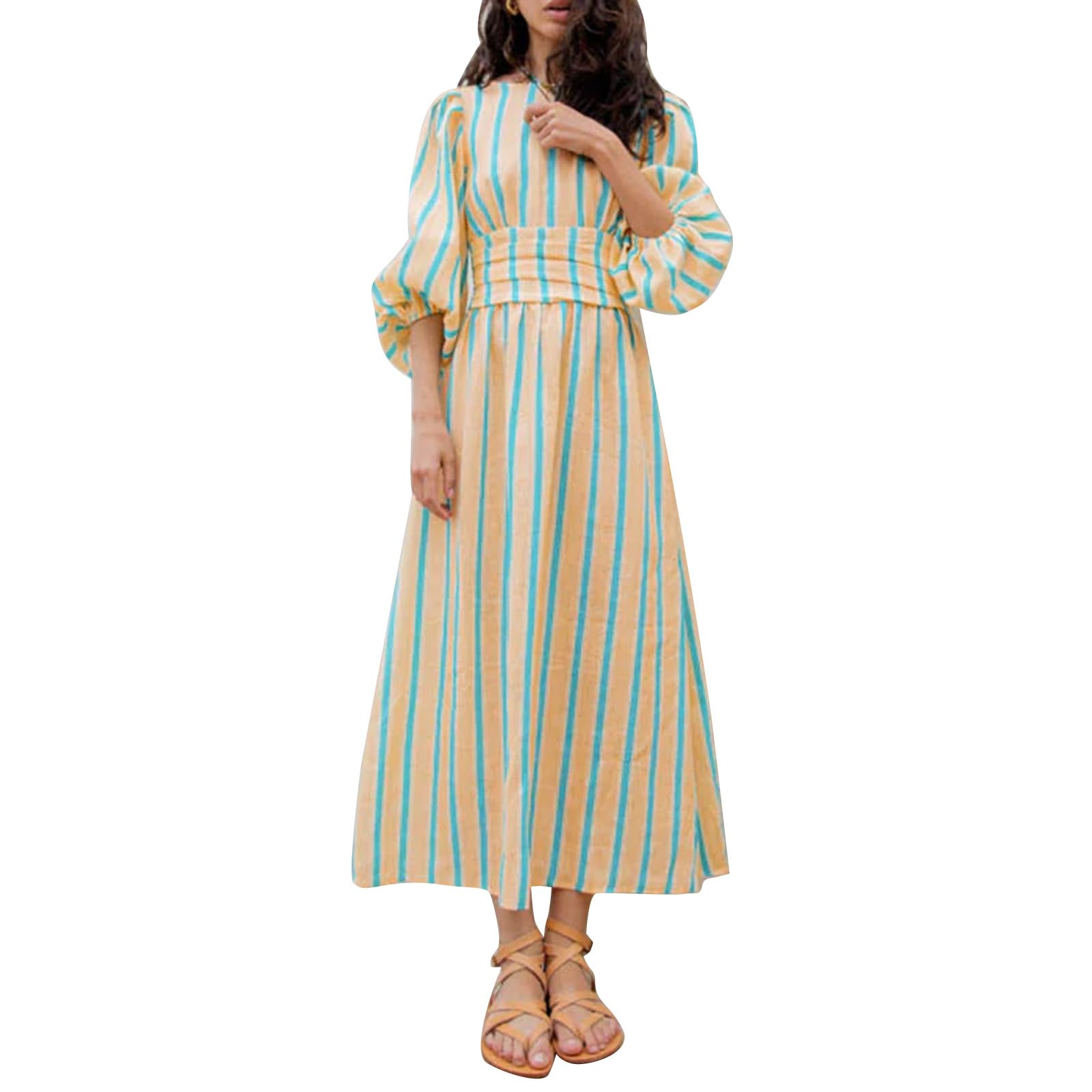 Women's Summer Puff Sleeve Long Dress - Boho Backless Tie Waist Maxi Dress, Bohemian Midi Dress with Gauze Fabric & High Waist - Perfect for Beach Vacations, Music Festivals & Summer Parties