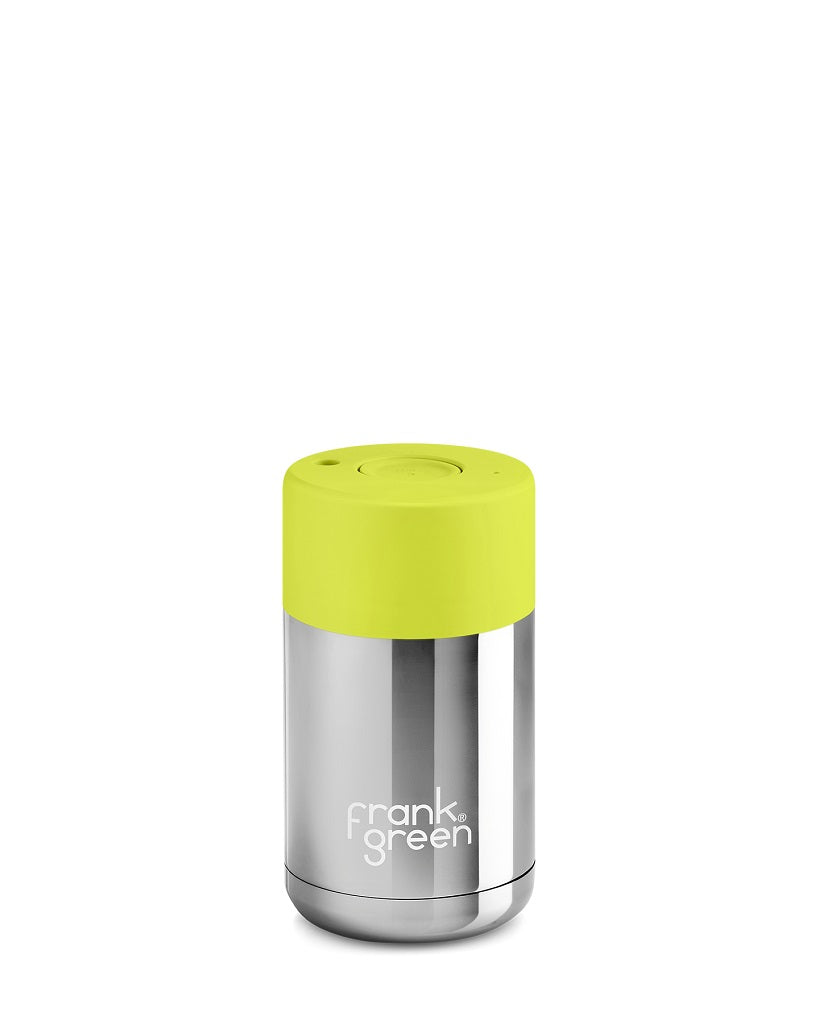 Frank Green Ceramic Reusable Coffee Cup 295ml (10oz) - Chrome Silver & Neon Yellow - Insulated Travel Mug for Hot & Cold Drinks - Perfect for Office, Commute & Outdoor Activities