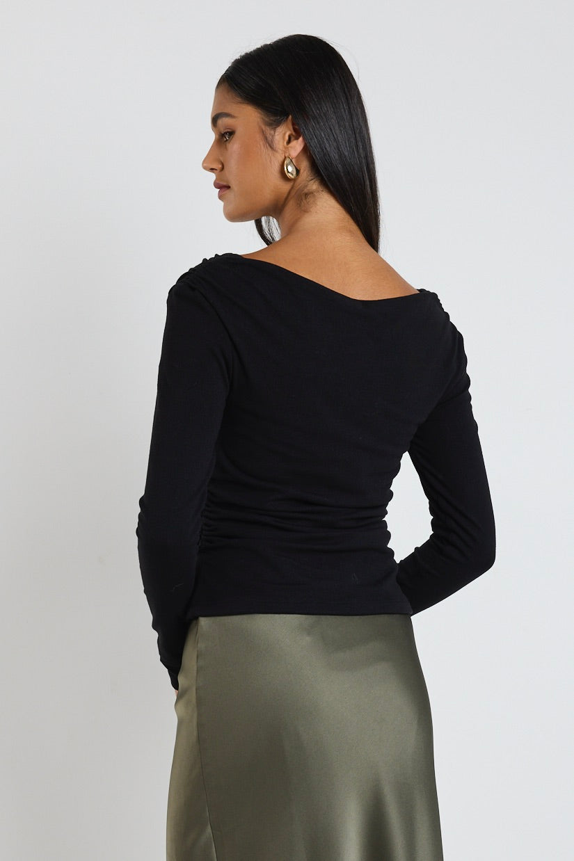 Alley Black Rib Asymmetric Neck Top - Women's Fashion Chic Blouse for Night Out & Party Wear