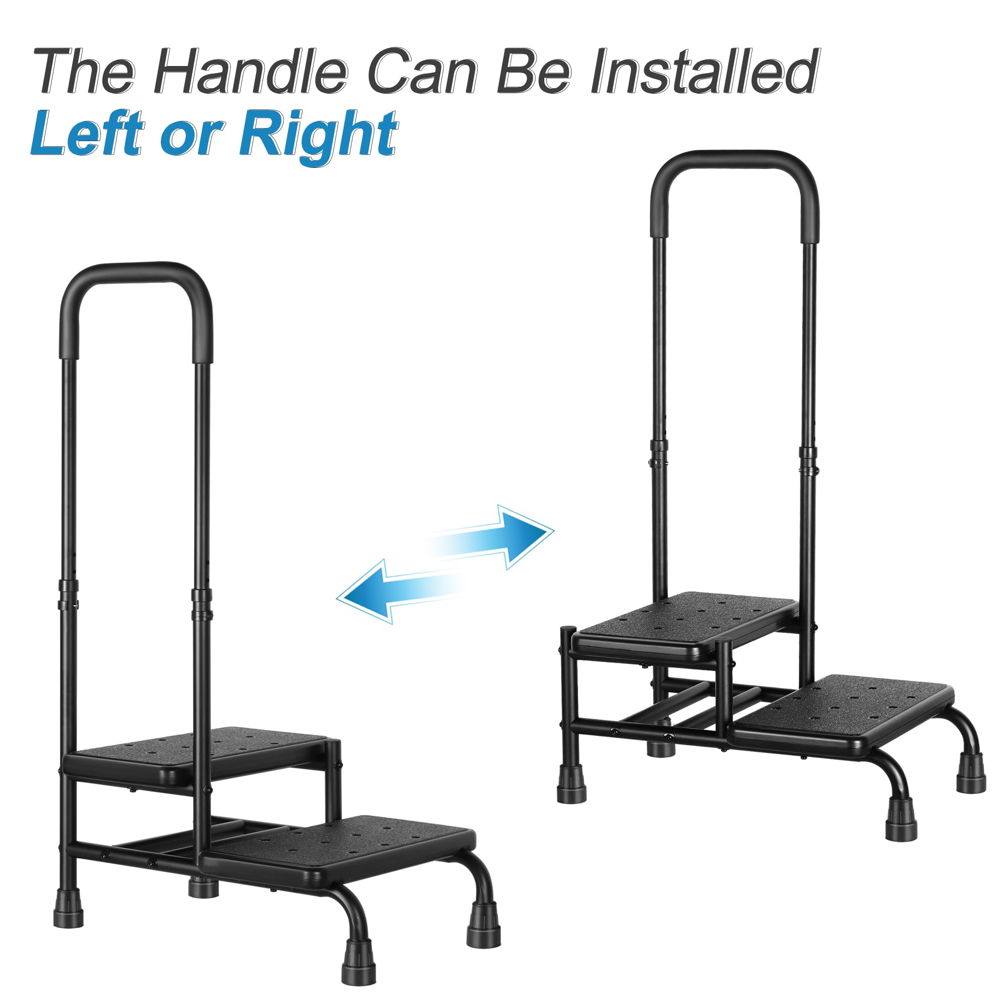 REAQER 2-Step Stool with Handle for Adults & Seniors - Non-Slip Medical Foot Stool with Handrail, Supports 350 lbs - Perfect for Bathroom, Kitchen, and Mobility Assistance (Black)