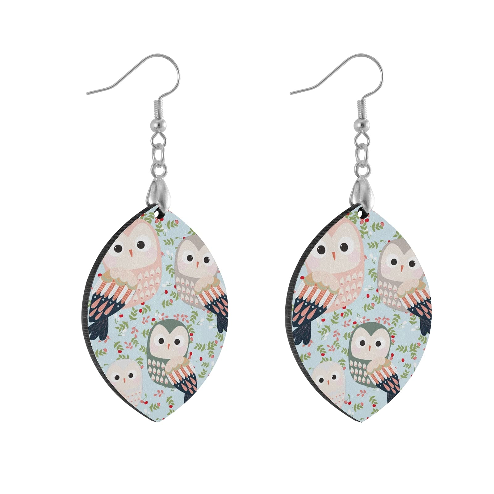 Handmade Cute Owl Print Floral Wood Earrings - Natural Wooden Dangle Earrings with Leaf Design for Women | Boho Chic Jewelry for Everyday Wear & Special Occasions
