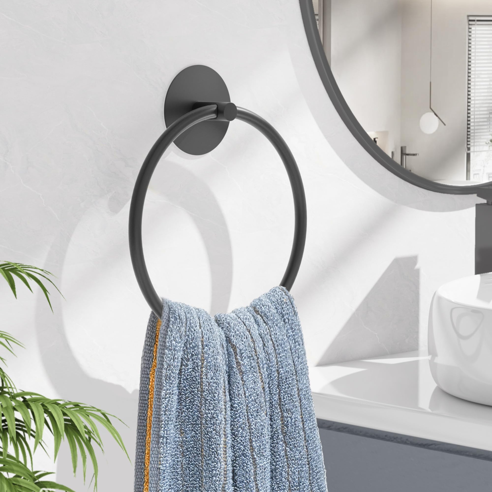 Matte Black Bathroom Towel Ring - Premium SUS304 Stainless Steel Wall Mounted Towel Holder for Bathroom & Kitchen | Space-Saving Adhesive Design | Perfect for Hand Towels, Dish Towels & Bathroom Organization