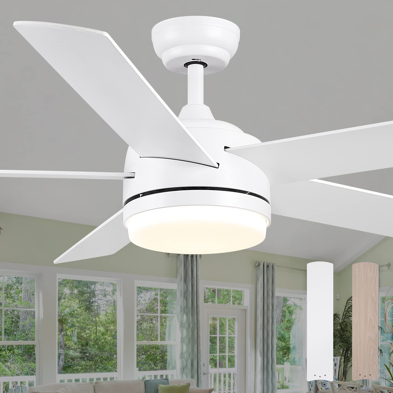 52 Inch Modern White Ceiling Fan with Lights & Remote Control - Reversible Dual Finish Blades & Opal Glass - Perfect for Bedroom, Living Room & Home Office