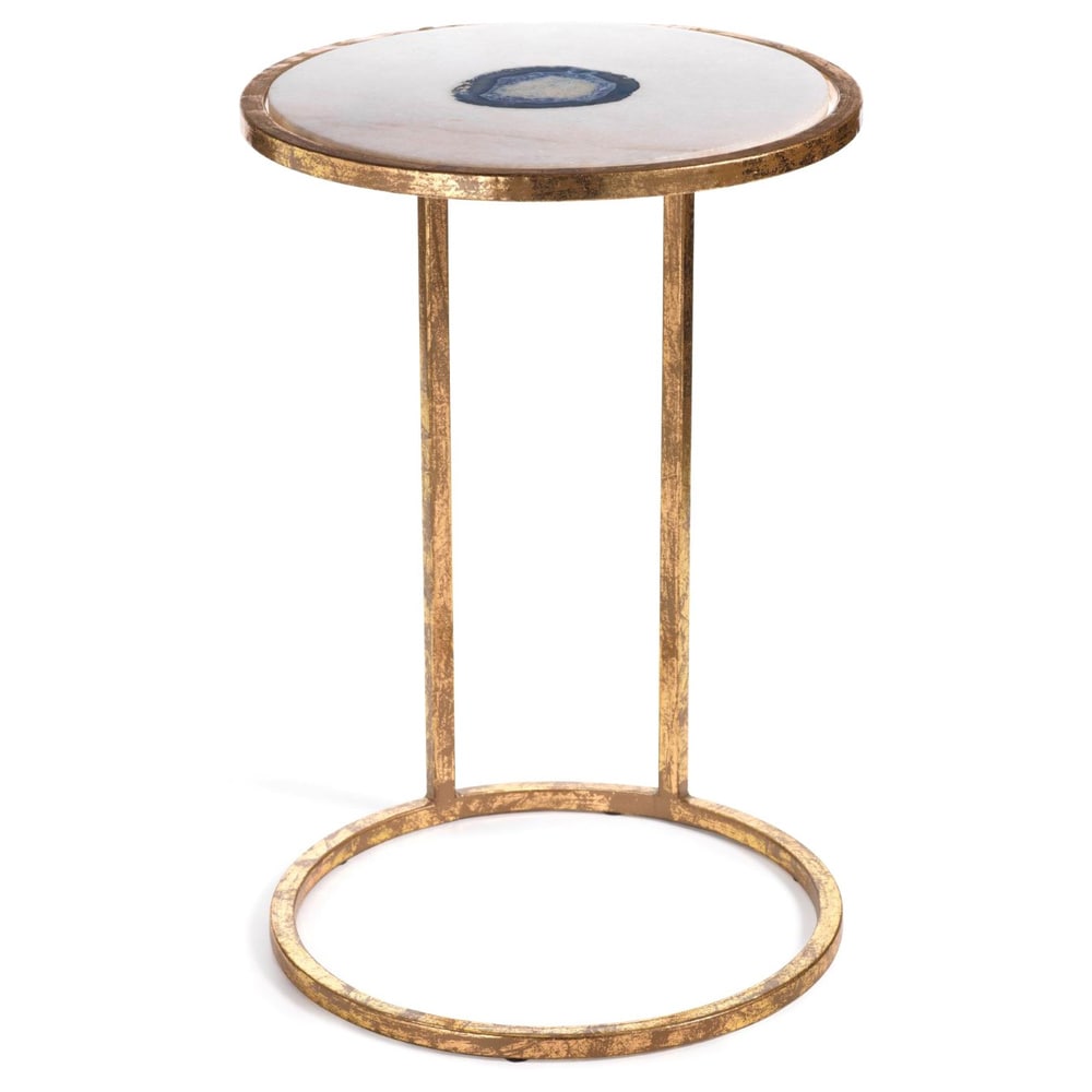 Aquarius 20-Inch Tall Accent Table - White Marble Top with Inlaid Agate Design - Modern Side Table for Living Room, Bedroom, or Office Decor