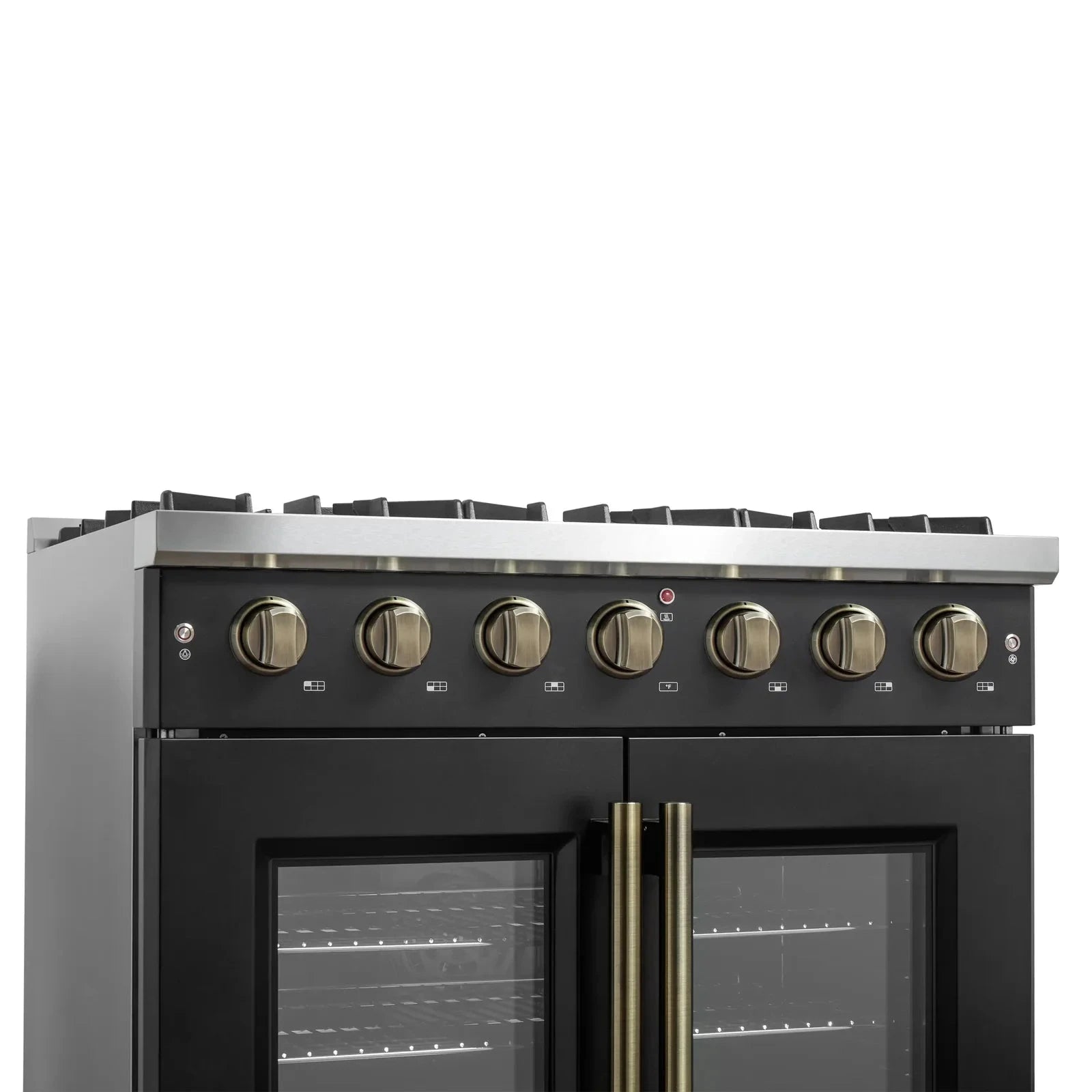Forno Galiano 36 Inch French Door All Gas Range - Black with Antique Brass Trim - Model FFSGS6444 36BLK - Perfect for Modern Kitchens & Professional Chefs