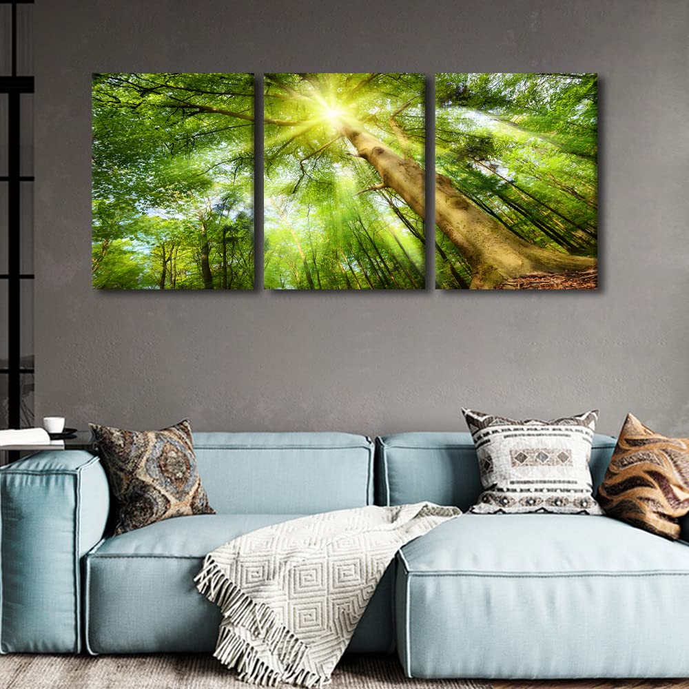 TUMOVO Framed Canvas Wall Art - Sunshine Forest Painting, Modern Print for Living Room, Bathroom & Home Decor (36x16 Inch) | Perfect for Adding Nature-Inspired Elegance to Your Space