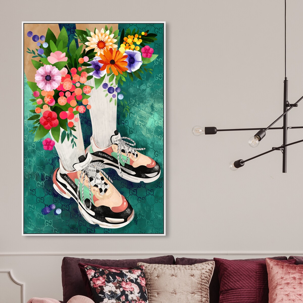 Stylish Floral Sneakers & Socks Set with Modern Green Canvas Wall Art - Perfect for Bedroom Decor and Casual Outfits