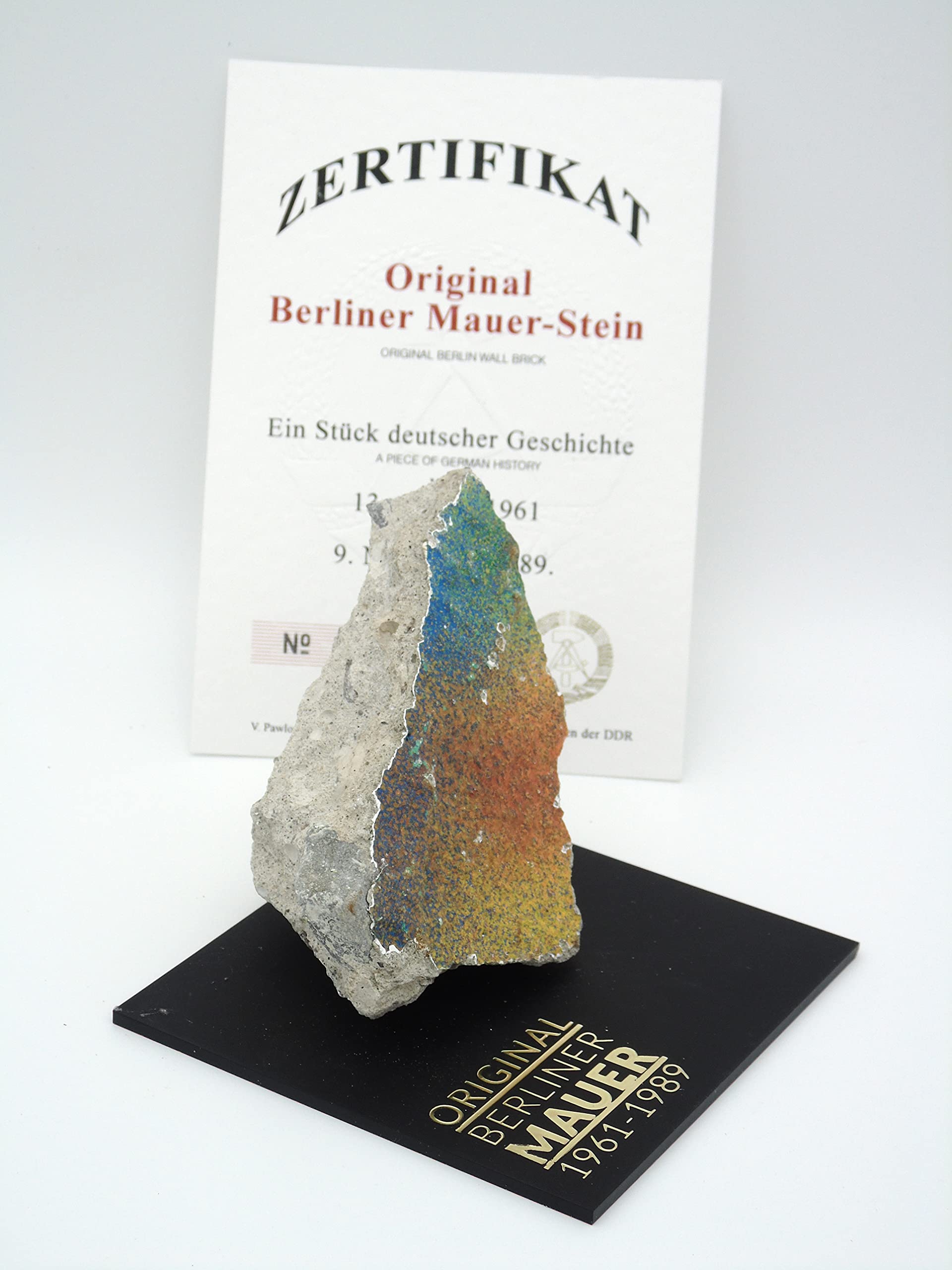 Authentic Piece of Berlin Wall with Certificate of Authenticity (CoA) - Large Fragment on Black Acrylic Base | Cold War Memorabilia, Historical Home Decor, Unique Gift for History Lovers