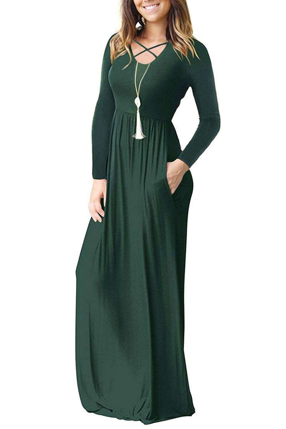 LILBETTER Women's Long Sleeve Maxi Dress - Loose Fit Casual Plain Long Dress with Pockets | Perfect for Everyday Wear, Beach Cover Up & Vacation Outfits