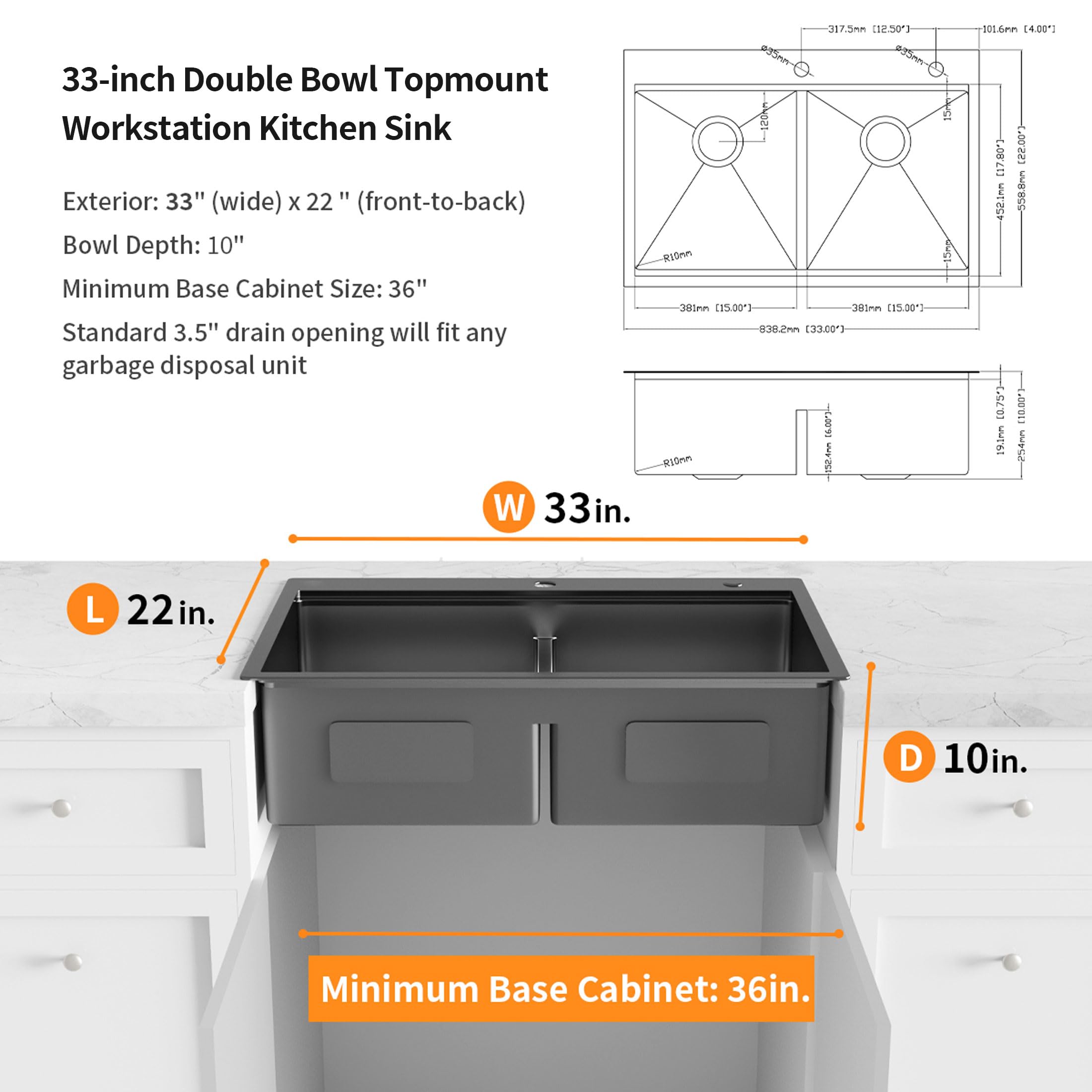 33 Inch Drop-in Gunmetal Black Stainless Steel Double Bowl Kitchen Sink with Black Spring Neck Faucet - Dual Mount Workstation for Modern Homes, Perfect for Busy Cooks and Large Meal Prep