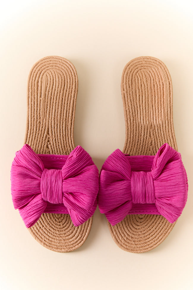 Athena Hot Pink Bow Slides - Women's Comfortable Summer Sandals for Beach, Pool, and Casual Outfits