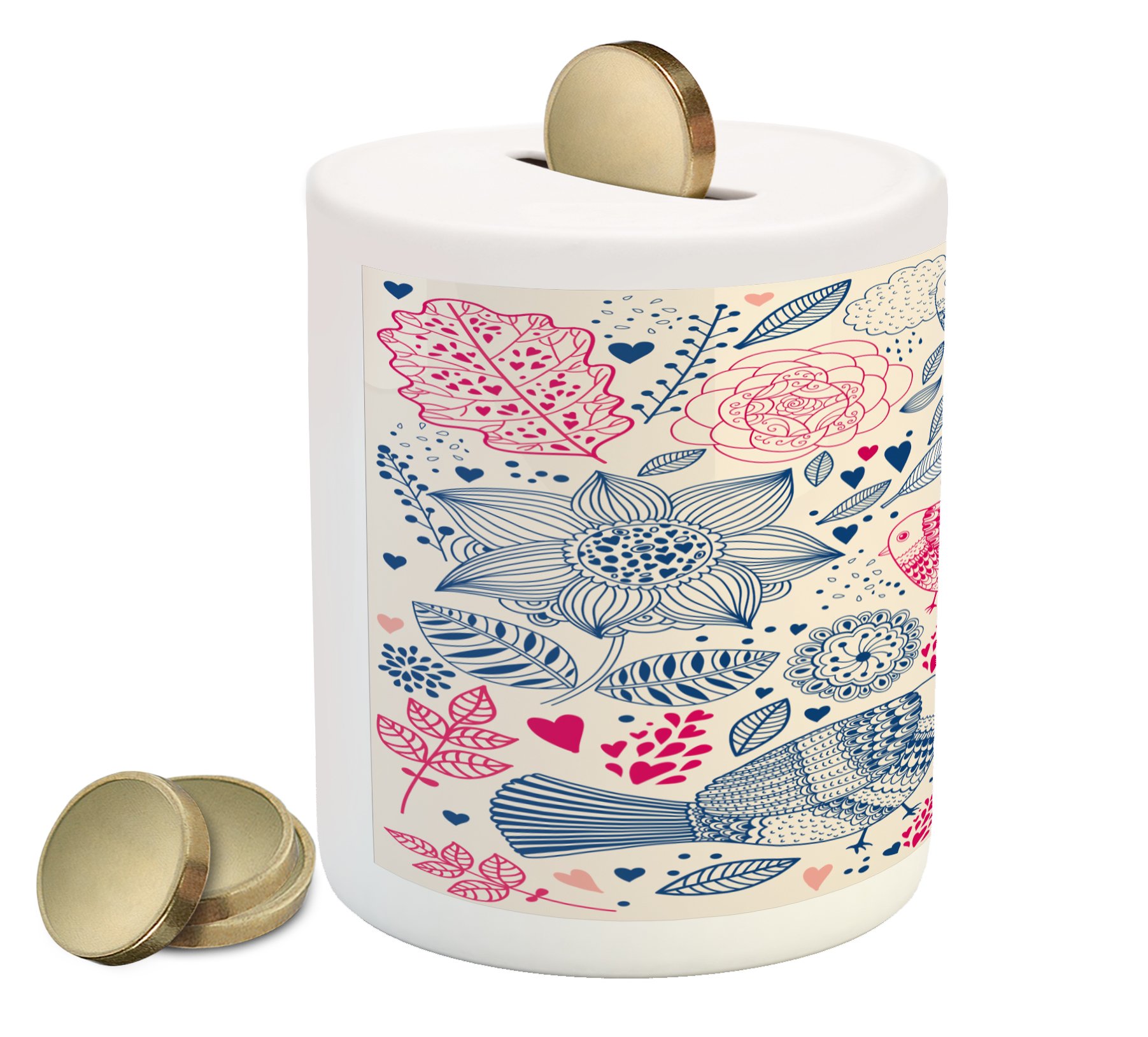 Floral Ceramic Piggy Bank - Printed with Leaf Buds, Hearts & Birds - Pale Pink & Teal Money Box for Cash Savings | Perfect Gift for Kids, Home Decor & Coin Collection