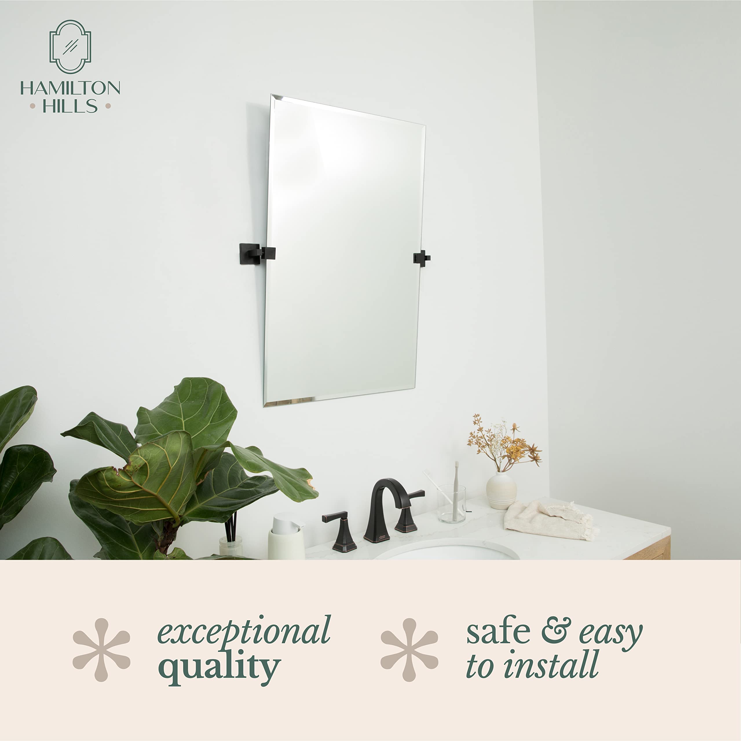 20x30 Inch Pivot Wall Mirror with Matte Black Brackets - Frameless Rectangular Bathroom Mirror - Adjustable & Tilting Vanity Mirror for Modern Farmhouse Decor - Perfect for Bathroom, Bedroom, and Entryway