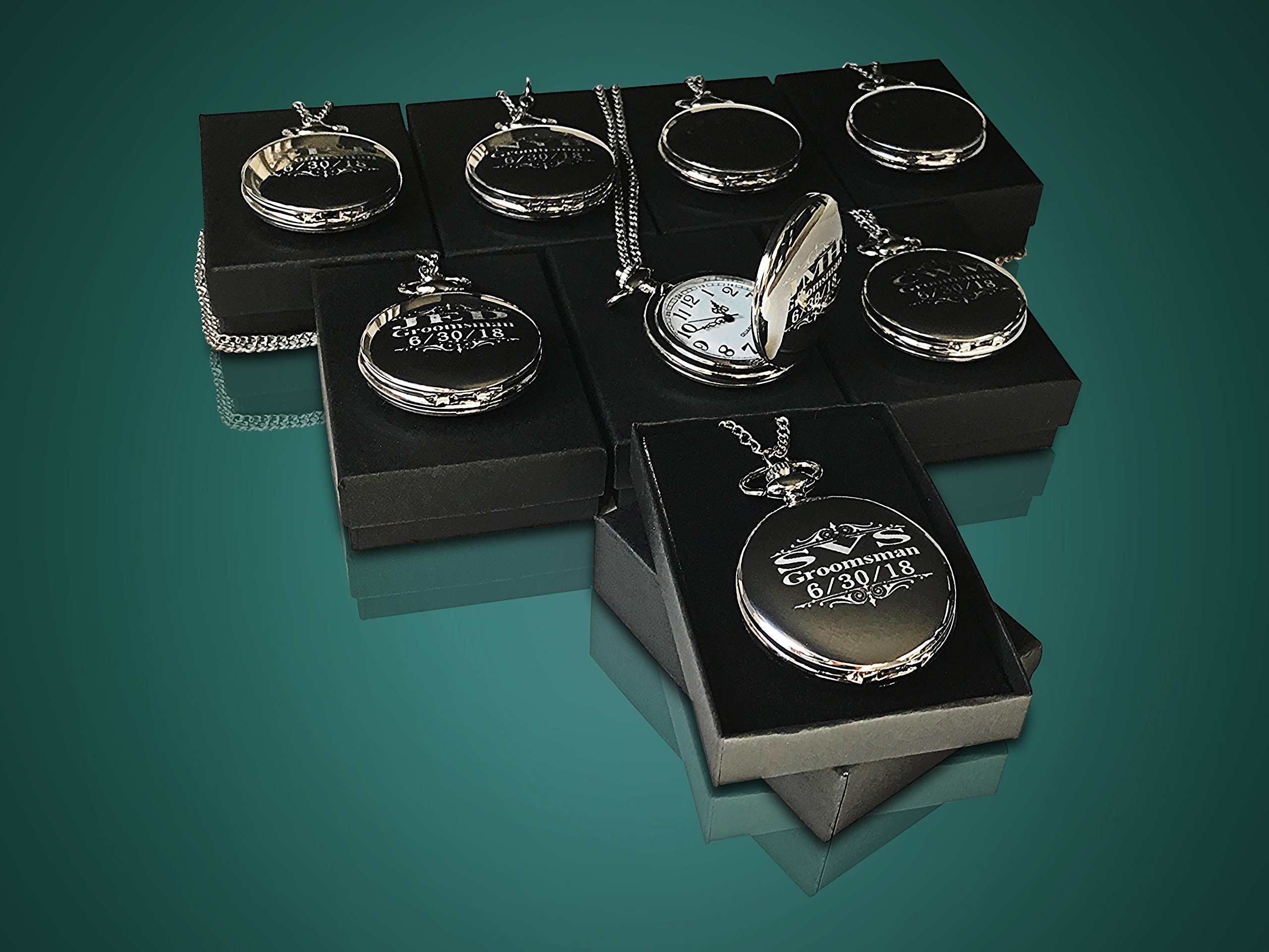 7 Silver Engraved Pocket Watches Set with Gift Boxes & Chains - Perfect for Gifts, Collectibles, and Vintage Style Accessories