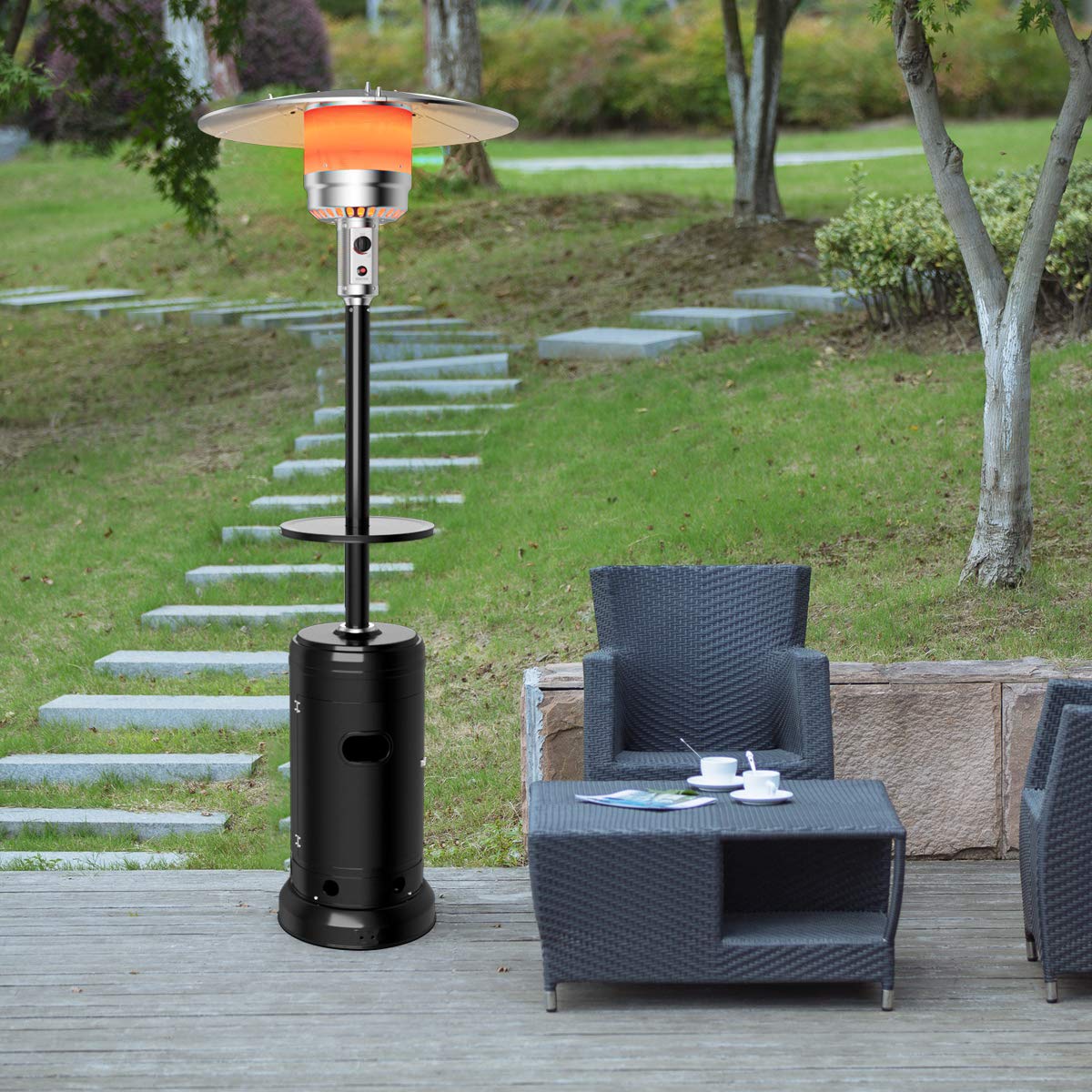 50,000 BTU Portable Propane Patio Heater with Wheels & Shelf Tabletop - Stainless Steel Burner, Auto Shut Off & Tip-Over Protection - Outdoor Heating for Backyard, Deck, Garden & Restaurant Use