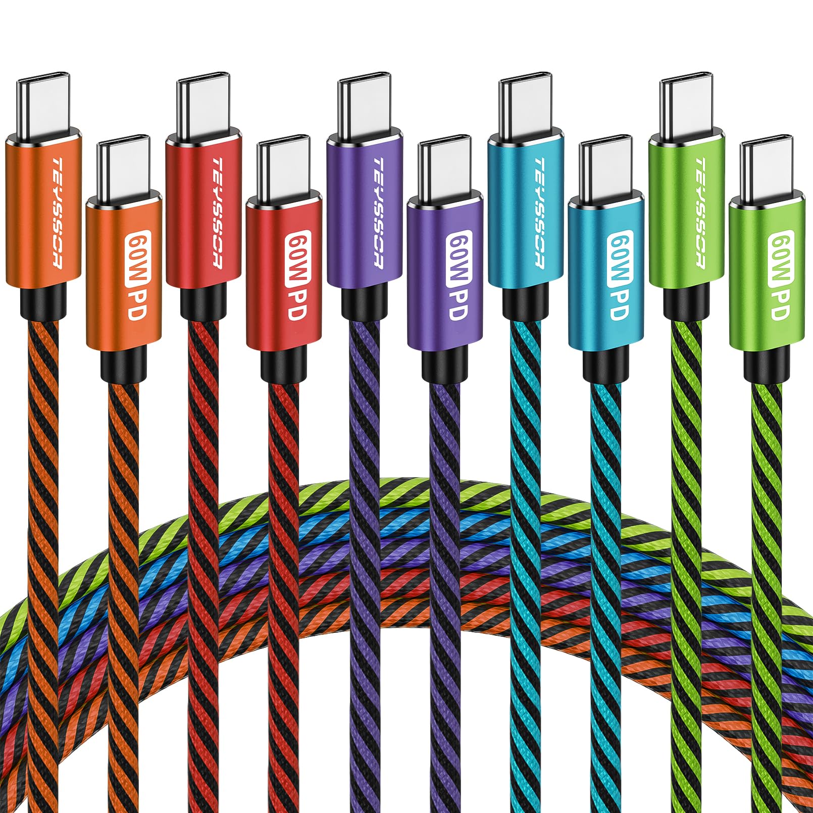 5-Pack 10FT USB C to USB C Fast Charging Cable 60W - Compatible with iPhone 16/15 Series, Samsung S23/S23+, MacBook, iPad Pro/Air - Durable Type C Charger for Home, Office & Travel