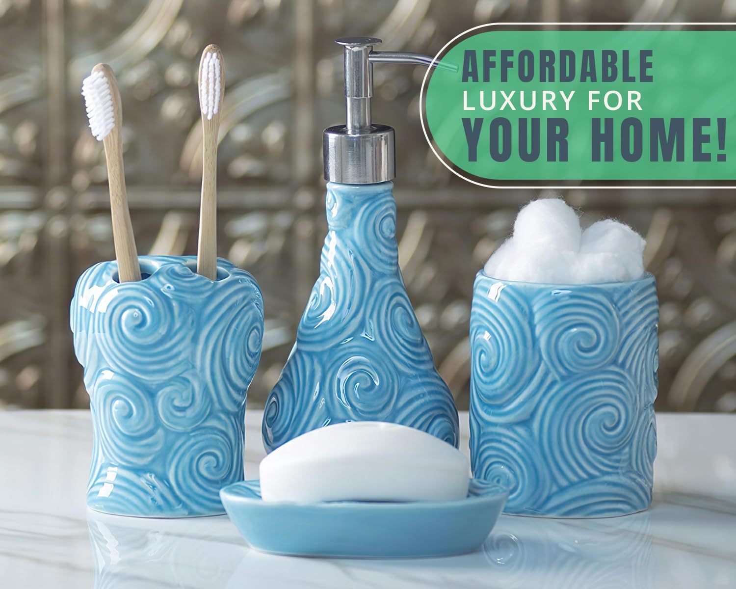 Luxury 4-Piece Bathroom Set - Porcelain Soap Dispenser, Toothbrush Holder, Tumbler & Soap Dish - Glossy Aqua Blue Ocean Waves Design - 15.6oz Capacity - Perfect for Bathroom Organization & Spa-Like Decor