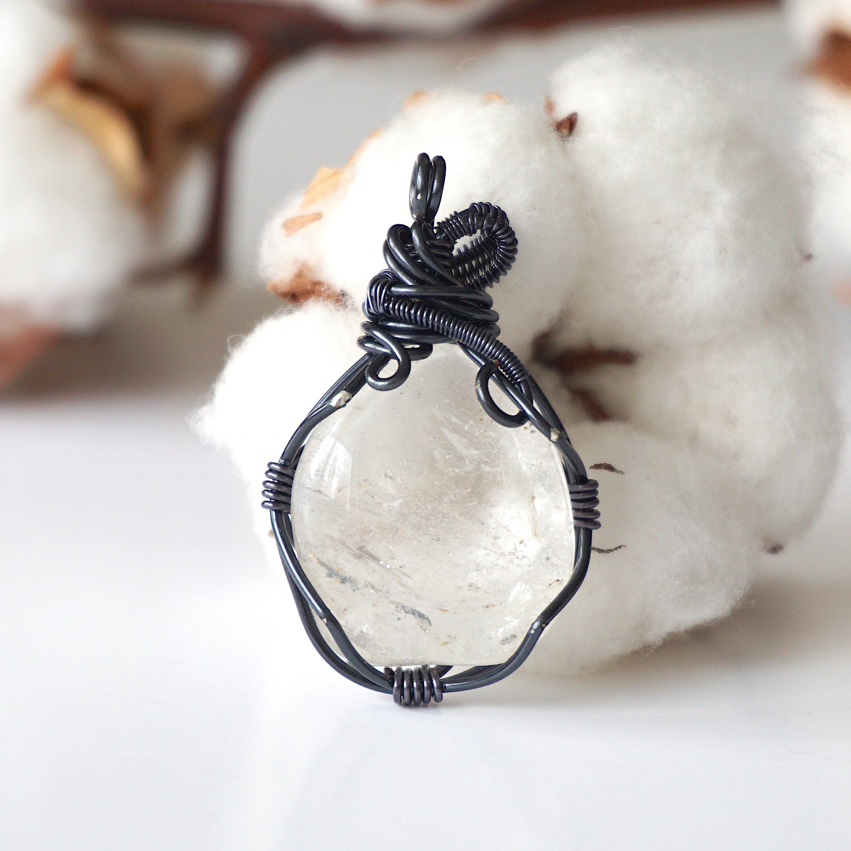 Natural Clear Quartz Pendant Necklace with Gunmetal Wire Wrap - Healing Crystal Jewelry for Meditation, Energy Cleansing & Spiritual Protection