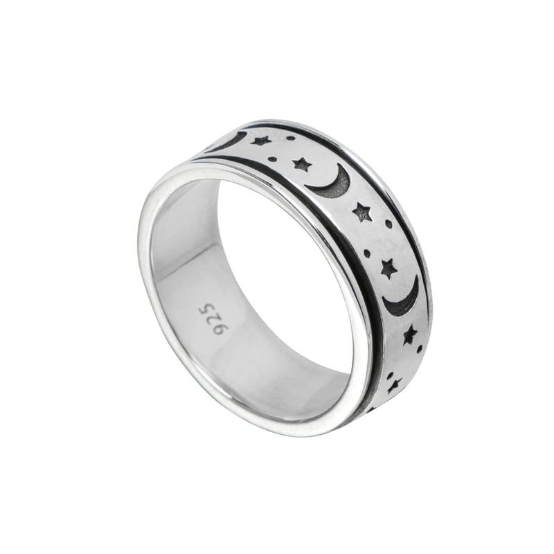 Moon Star Spinner Ring - 925 Sterling Silver Handmade Meditation Ring for Women (US Size 10) - Anxiety Relief, Stress Reliever, Fidget Toy - Perfect Gift for Her, Thumb Ring, Promise Ring for Girlfriend, Wife, or Loved One