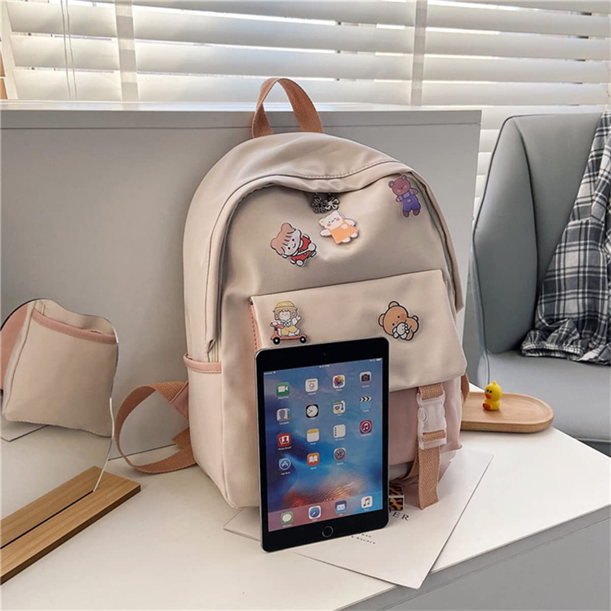 Stylish 15.7 Inch Kawaii Aesthetic Backpack for Women - Cute Japanese College School Bag with Badge Holder (Black) - Perfect for School, Travel & Everyday Use