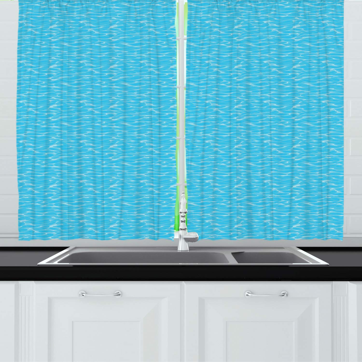 Ambesonne Ocean Themed Long Kitchen Curtains - Watercolor Sea Waves & Bubbles Design, 55