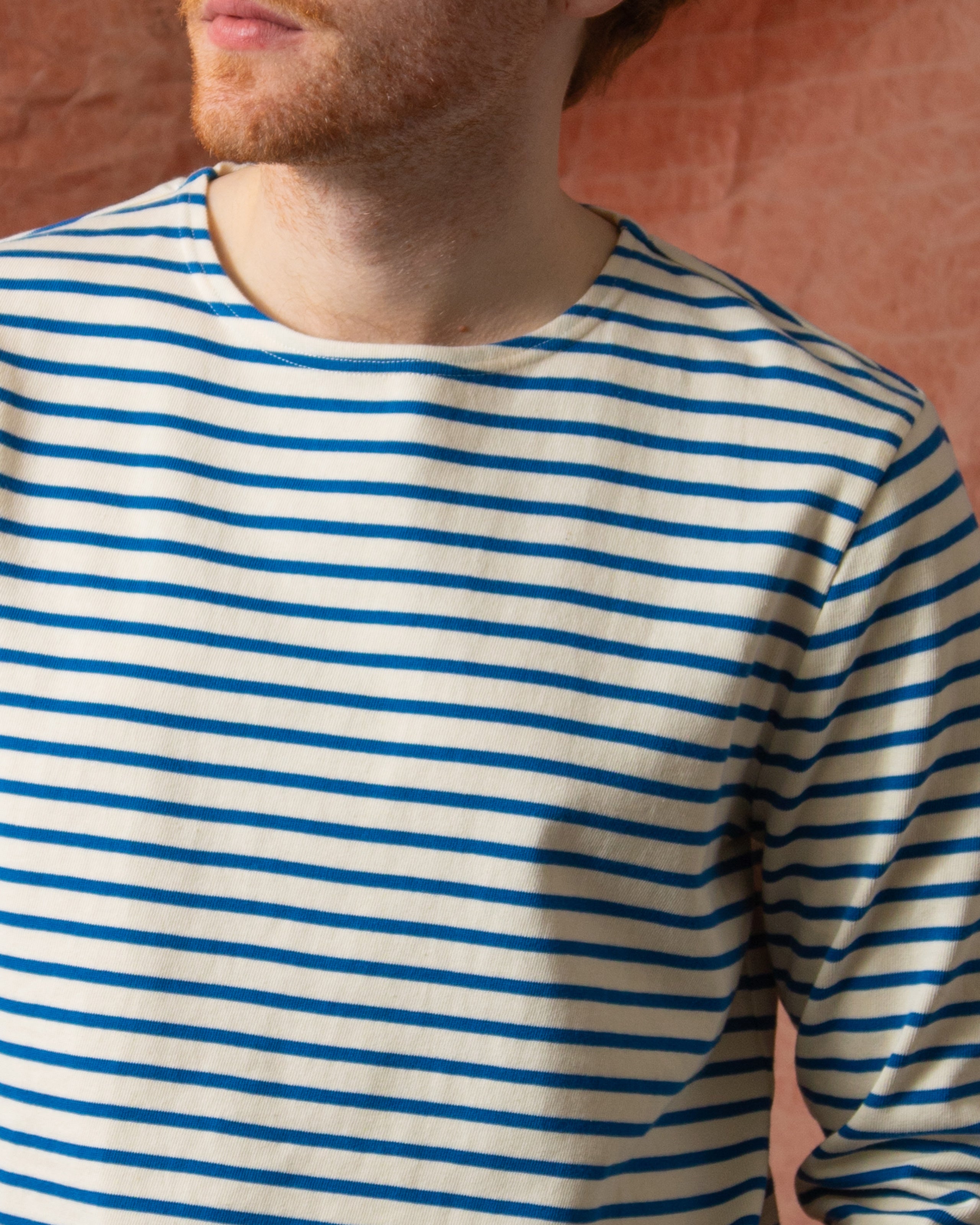 Men's Breton Stripe Boatneck T-Shirt - Off White & Atlantic Blue Cotton Crewneck Tee for Casual Wear, Weekend Outfits & French-Inspired Style