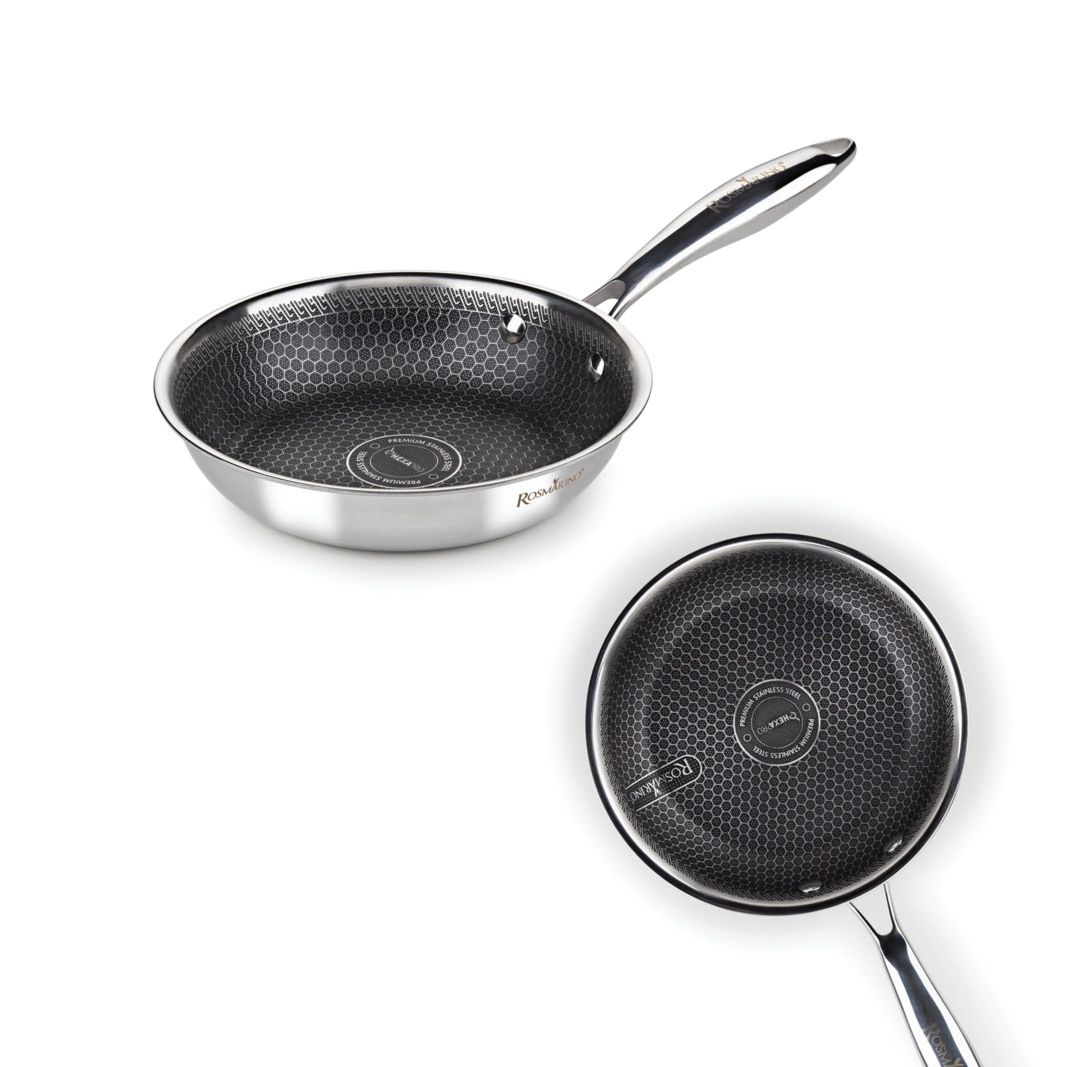 ROSMARINO HexaPro 20cm Stainless Steel Frying Pan - HexaPro Technology for Even Heat Distribution, Scratch Resistant, Oven Safe & Easy to Clean - Perfect for Searing, Frying & Sauteing in Professional & Home Kitchens
