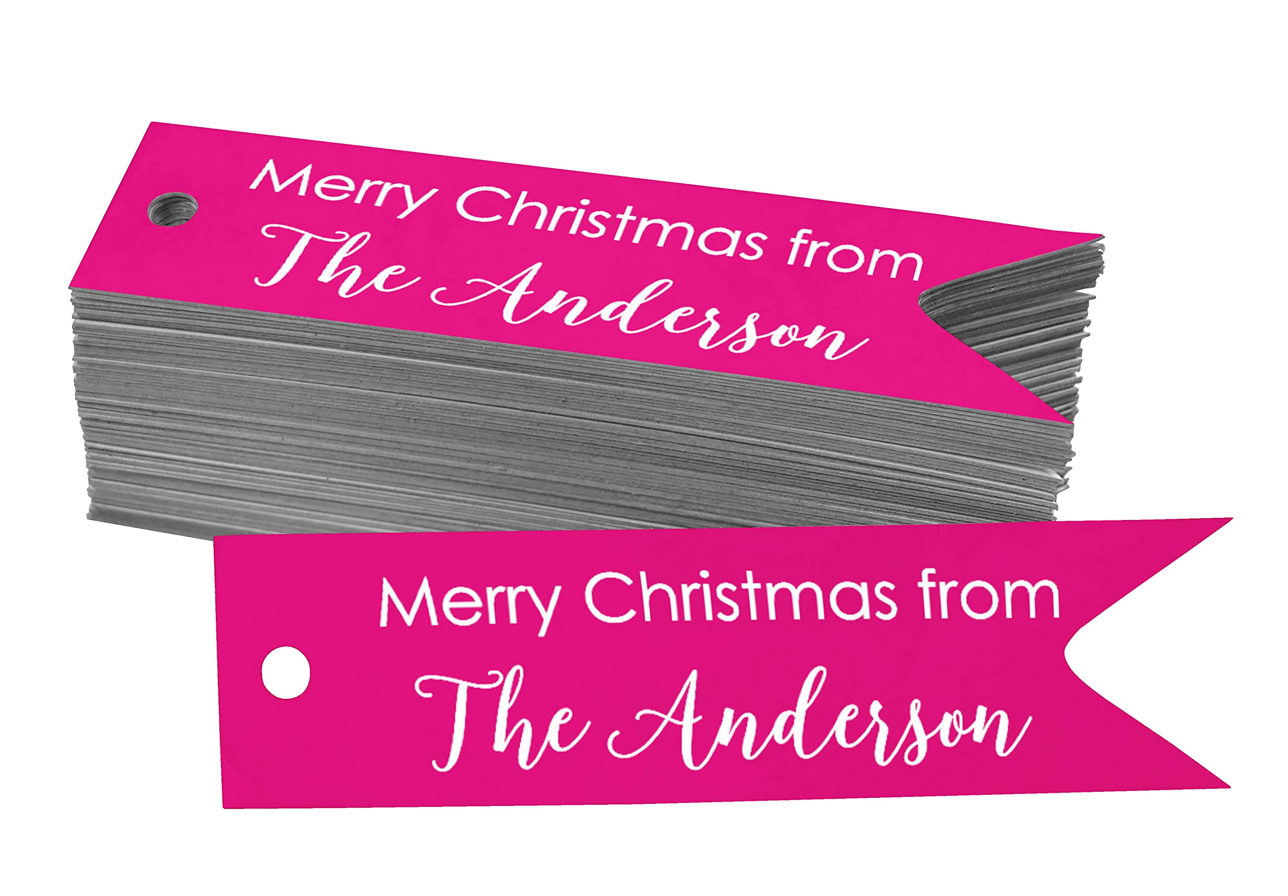 100 PCS Custom Christmas Gift Tags - Personalized Family Name Holiday Wishes - Merry Christmas Hanging Paper Tags for Stockings, Presents & Holiday Decorations