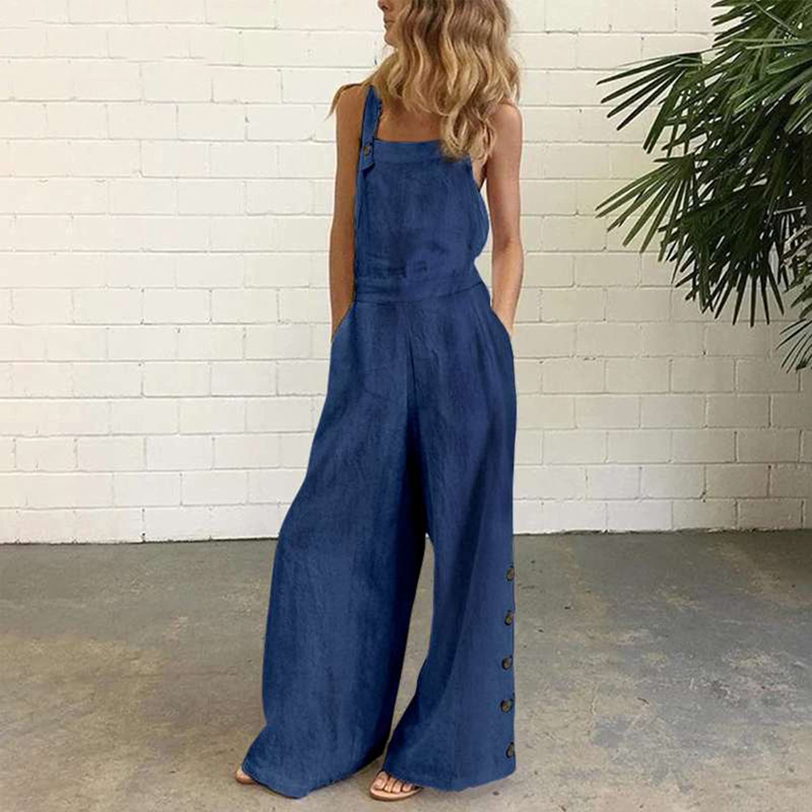 Floral Printed Jumpsuits for Women - Casual Sleeveless Spaghetti Strap Rompers, Baggy Bib Overalls with Wide Leg Pants - Plus Size Summer Outfits for Beach, Vacation & Outdoor Activities