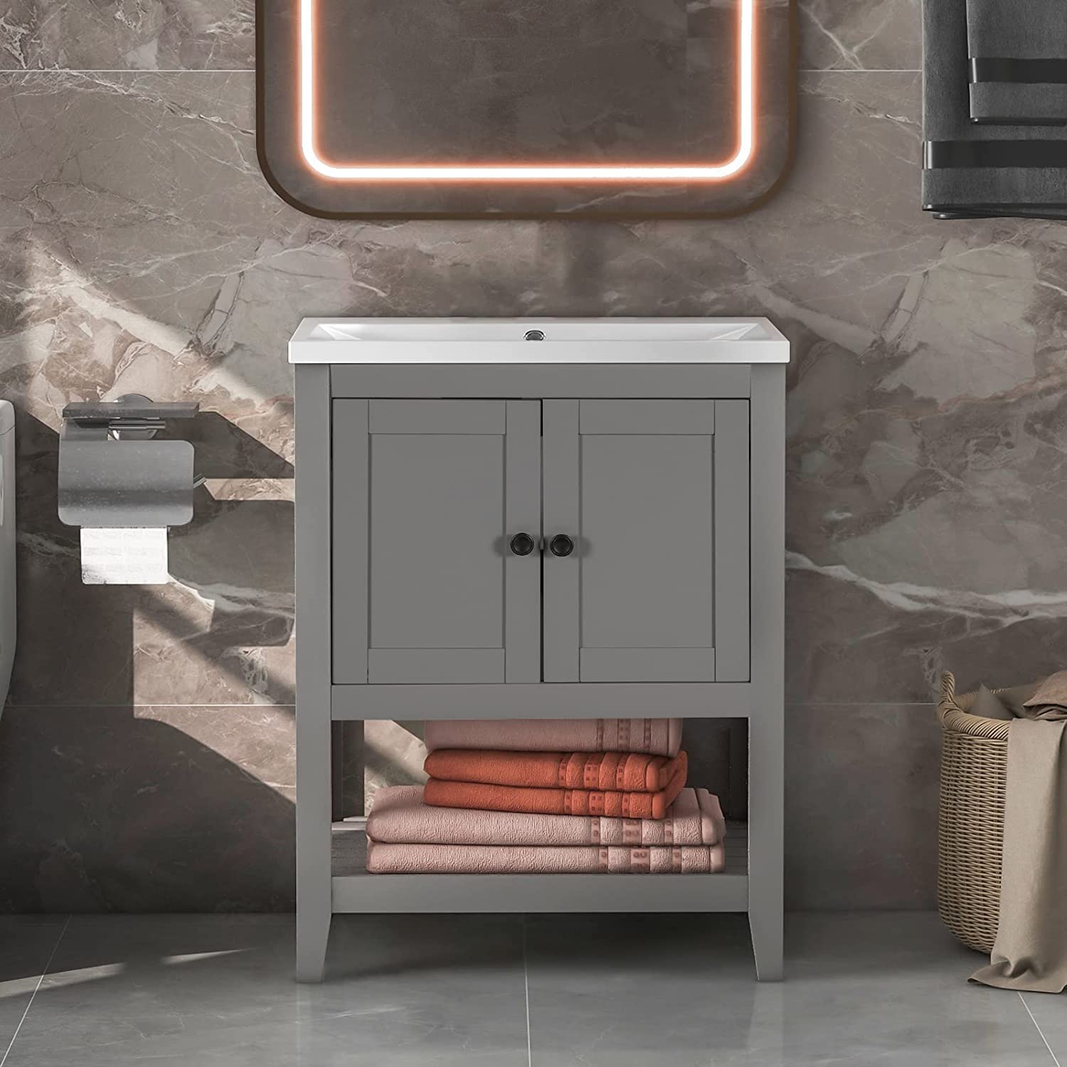 Mikibama 24 Inch Modern Freestanding Bathroom Vanity with Ceramic Sink - Solid Wood Storage Cabinet with Open Shelf - No Faucet Included - Gray - Perfect for Small Bathrooms & Powder Rooms