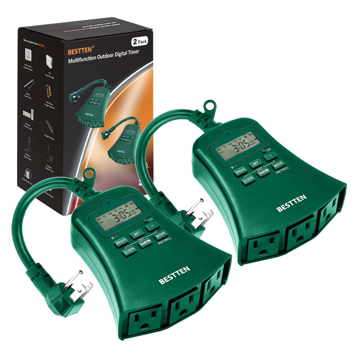 BESTTEN 2-Pack Digital Plug-in Timer with Clock - 7 Day Programmable Countdown Timer with 3 Grounded Outlets for Christmas Lights, Outdoor Lighting & Home Appliances - ETL Certified (Green) - Perfect for Holiday Decorations, Garden Lights & Energy Saving