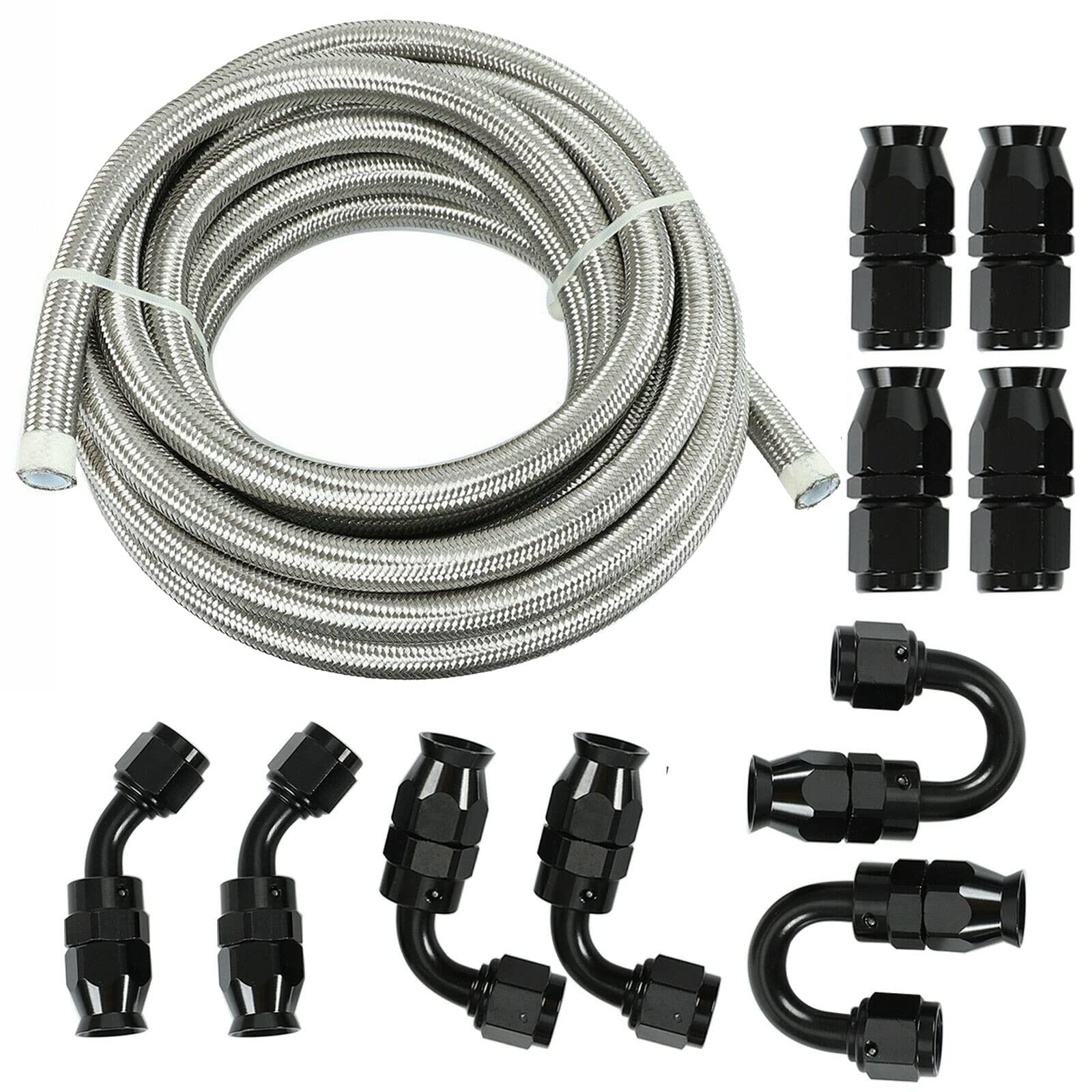 10AN 20FT Fuel Line Hose Kit - E85 Compatible Nylon Braided Fuel Hose with 10PCS Swivel Fitting Adapters (Silver) - Perfect for Automotive Fuel Systems, Racing, Marine & Off-Road Applications