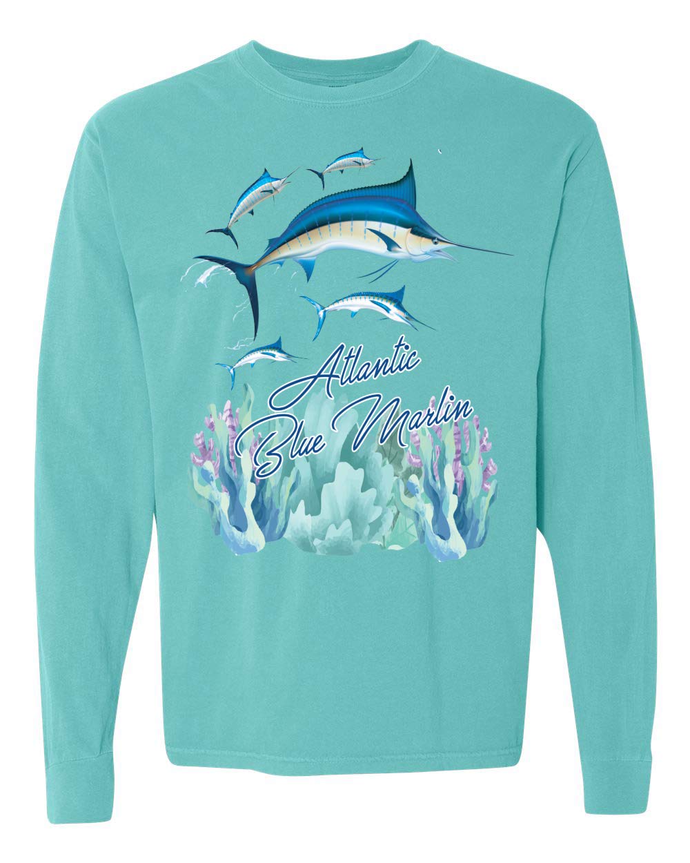 Wild Bobby Atlantic Blue Marlin Fish Nautical Long Sleeve T-Shirt | Vintage Washed Look | Comfortable Cotton Crewneck Top for Men | Perfect for Beach Outings, Fishing Trips and Casual Wear