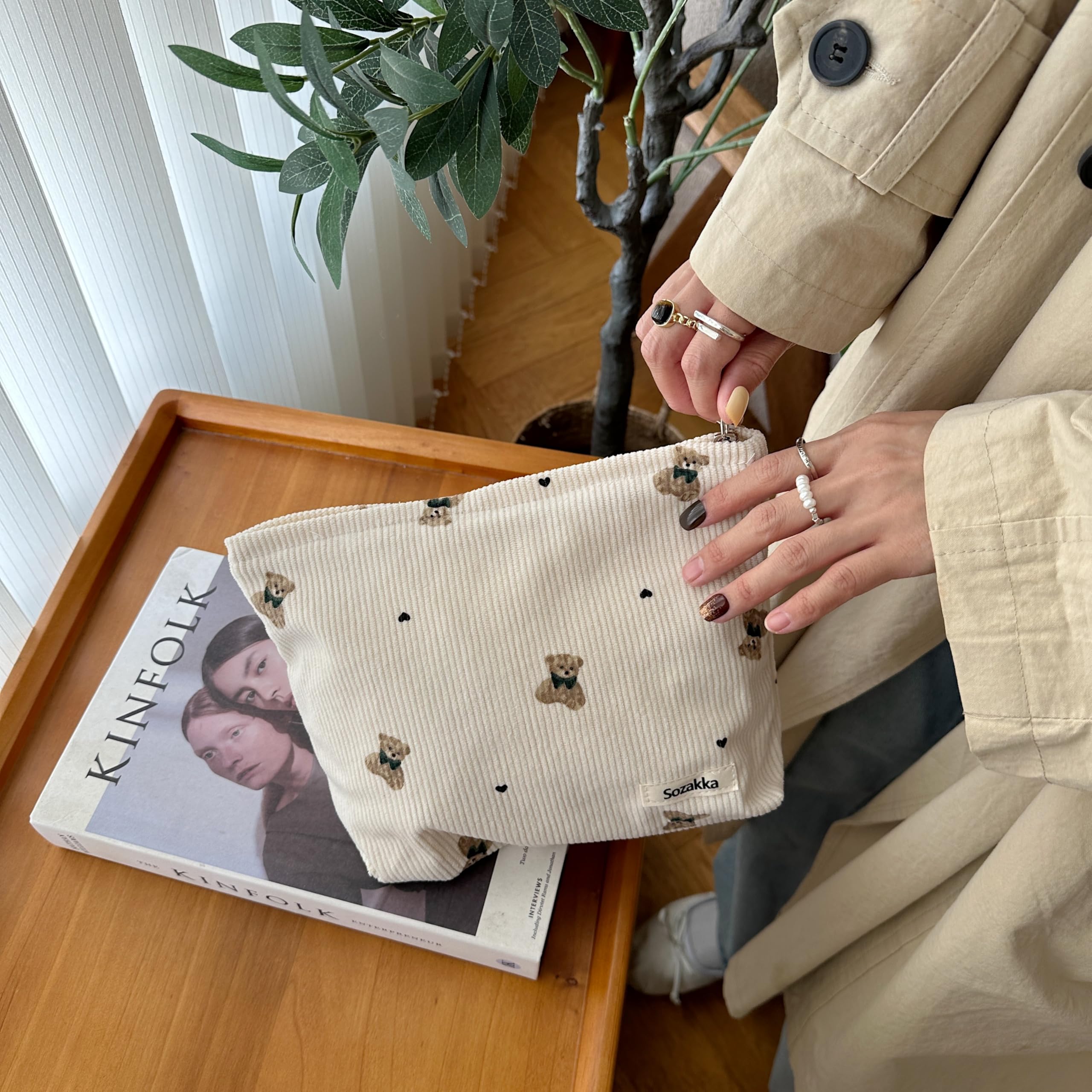 Corduroy Makeup Bag for Women - Large Cosmetic Organizer with Zipper, Cute Bear Design, Travel Makeup Pouch for Girls (Beige) | Perfect for Travel, Gym, School & Daily Essentials Storage