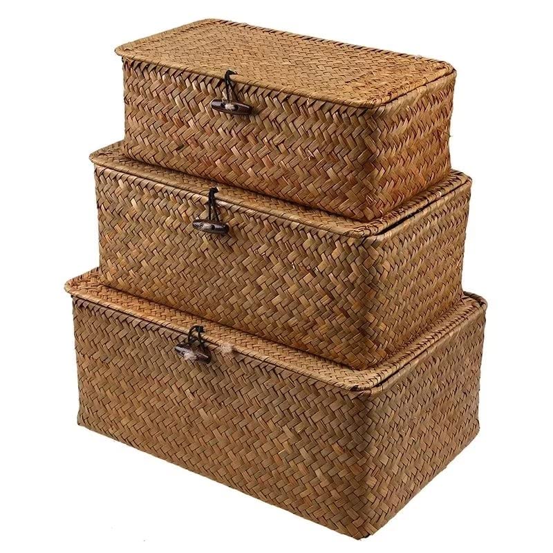 Handwoven Rattan Storage Baskets with Lids - Set of 3 Rectangular Wicker Baskets, Braided Seagrass Organizer for Home Decor, Bathroom & Closet Organization