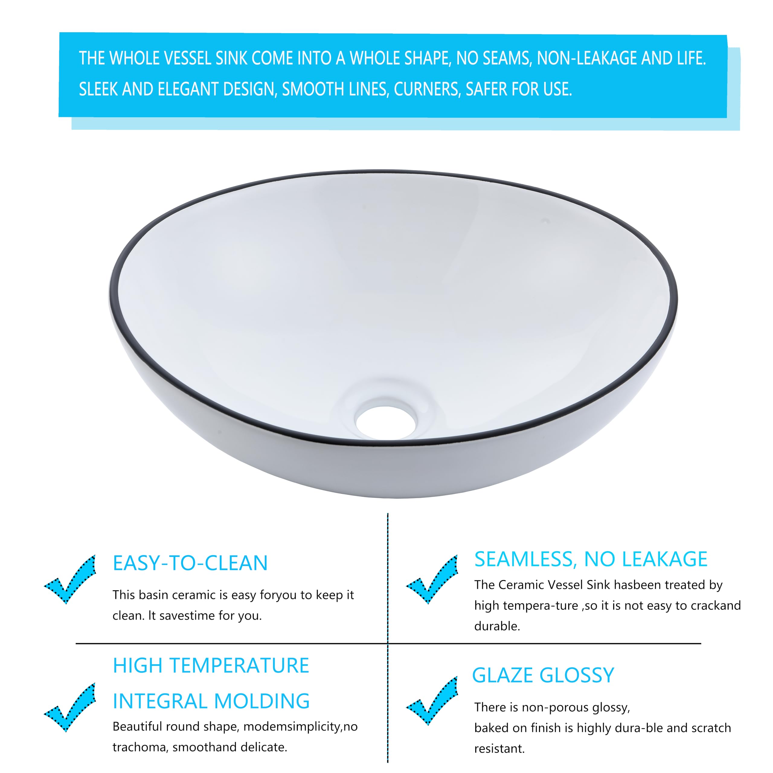 16x13 Inch White Porcelain Ceramic Oval Bathroom Vessel Sink with Faucet & Drain Combo - Above Counter Modern Vanity Basin Washing Bowl Set (White with Black Edge) for Bathroom, Powder Room & Guest Washroom Decor