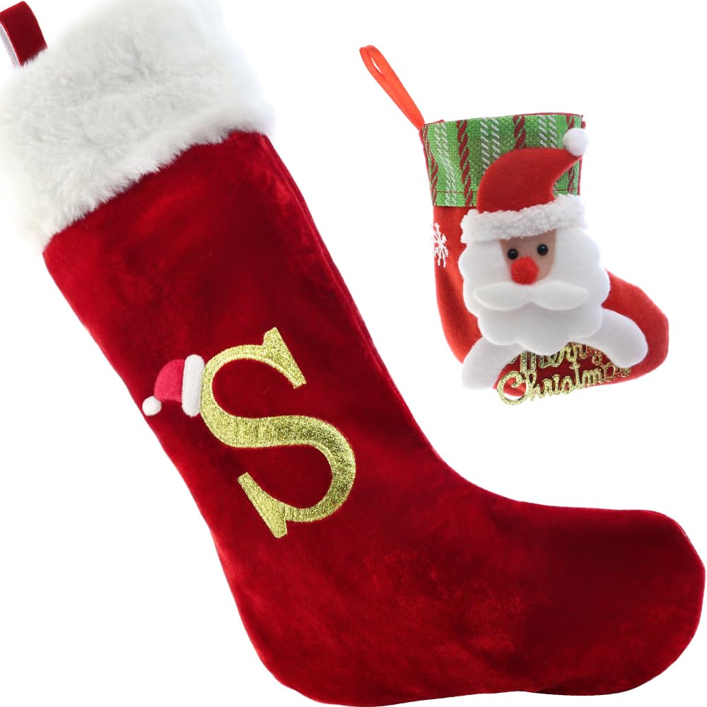 Personalized 20 Inch Red Velvet Christmas Stocking with White Plush Cuff - Monogrammed Family Initial Letter S Stocking for Fireplace, Xmas Tree & Holiday Decorations | Perfect for Family Gatherings, Gift Exchanges & Festive Home Decor