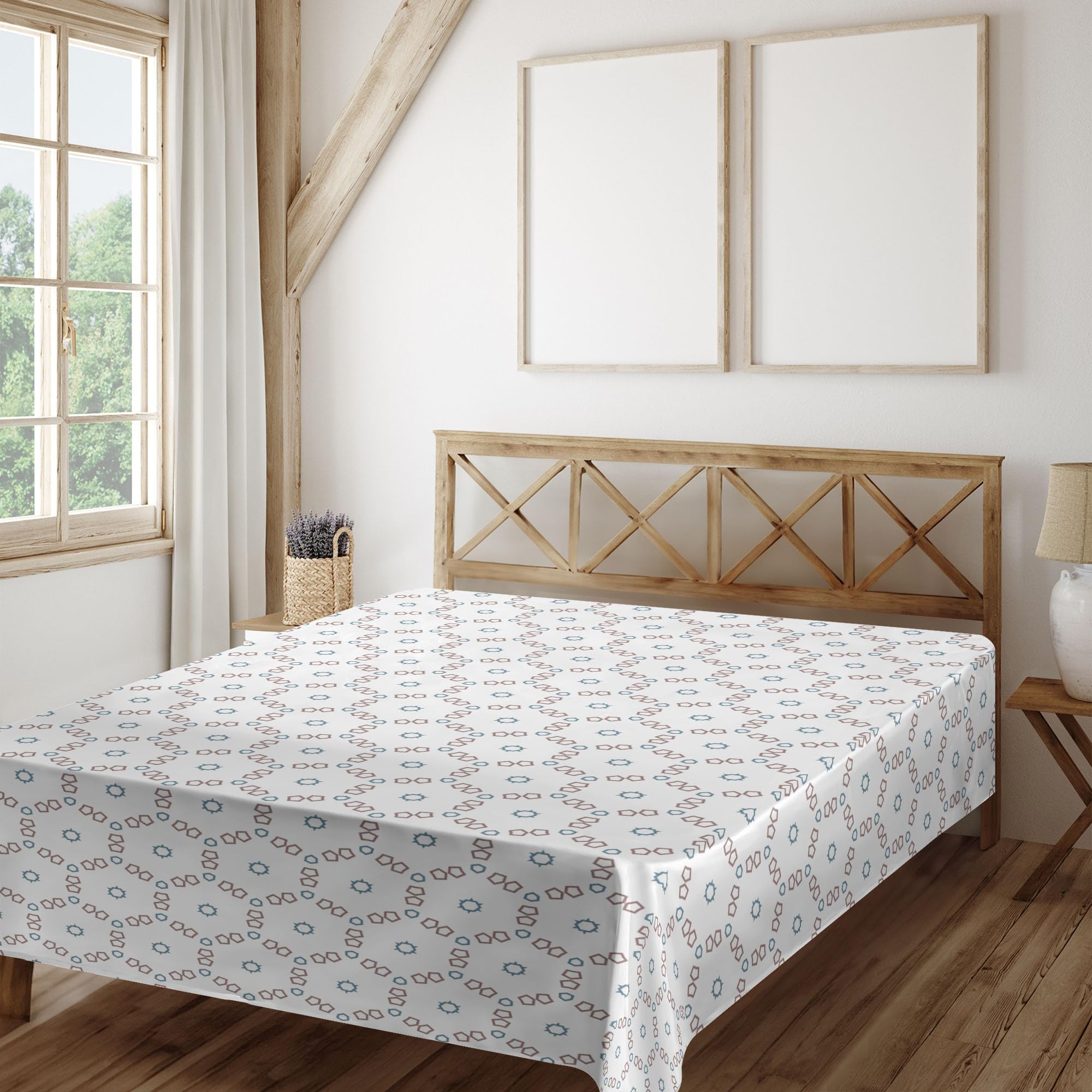 Ambesonne Abstract California King Flat Sheet - Soft, Comfortable Rhythmic Floral Geometric Pattern in White & Blue Grey | Decorative Bedding for Master Bedroom, Guest Room & Airbnb Stays