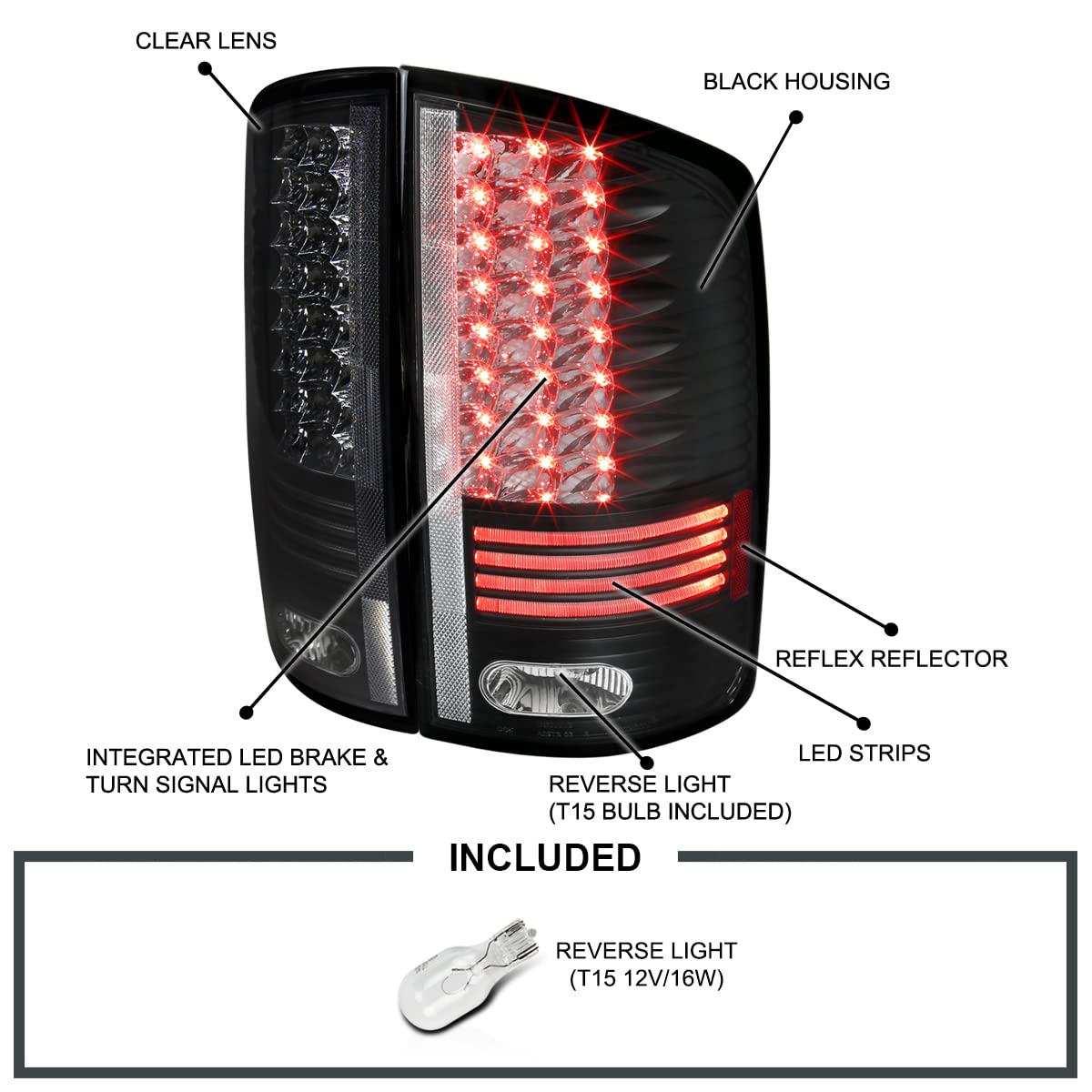 Spec-D Tuning Black LED Tail Lights for 2002-2006 Dodge Ram 1500/2500/3500 - Left & Right Pair Assembly - Enhanced Visibility & Style for Pickup Trucks