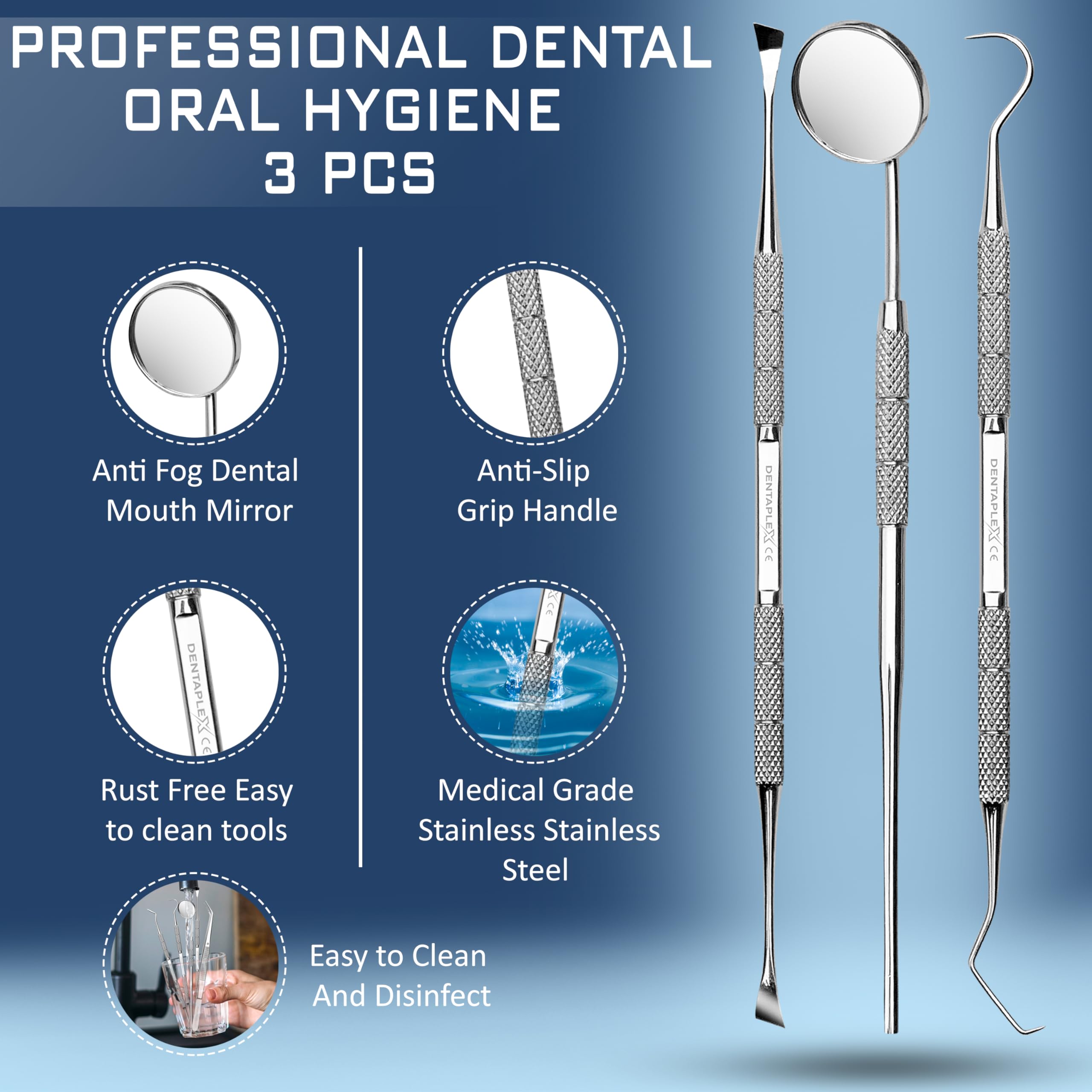 Dentaplex 3-Piece Professional Dental Care Kit - Teeth Cleaning & Whitening Tools, Plaque & Tartar Remover with Dual-Ended Tooth Picks & Dentist Mirror for Oral Hygiene | Perfect for Home Use, Travel, and Dental Professionals