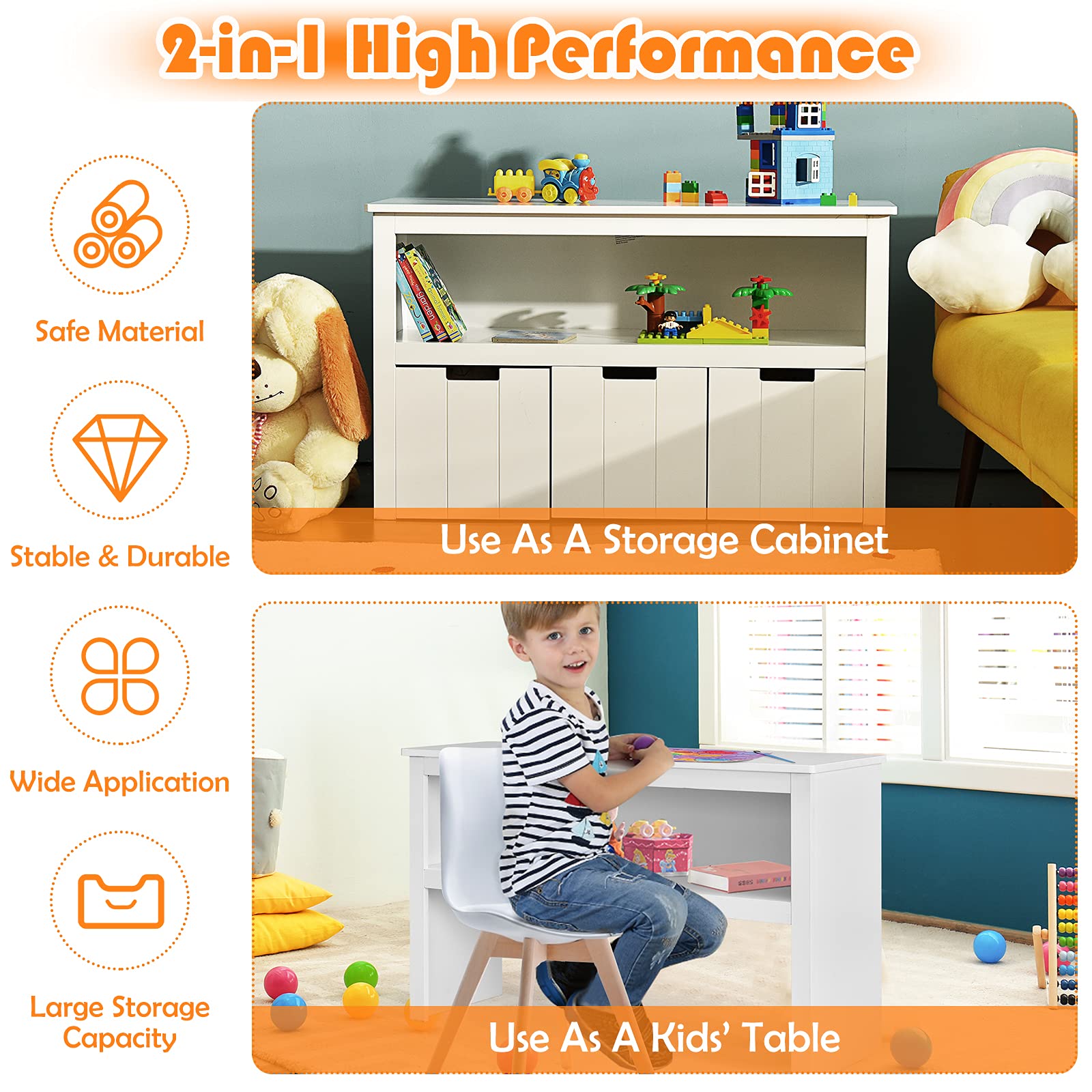 3-Drawer Storage Cabinet for Kids Toys with Large Open Shelf & Hidden Wheels - 2-in-1 Multifunctional Organizer for Bedroom, Living Room, Office - White | Perfect for Toy Storage, Home Organization & Small Space Furniture