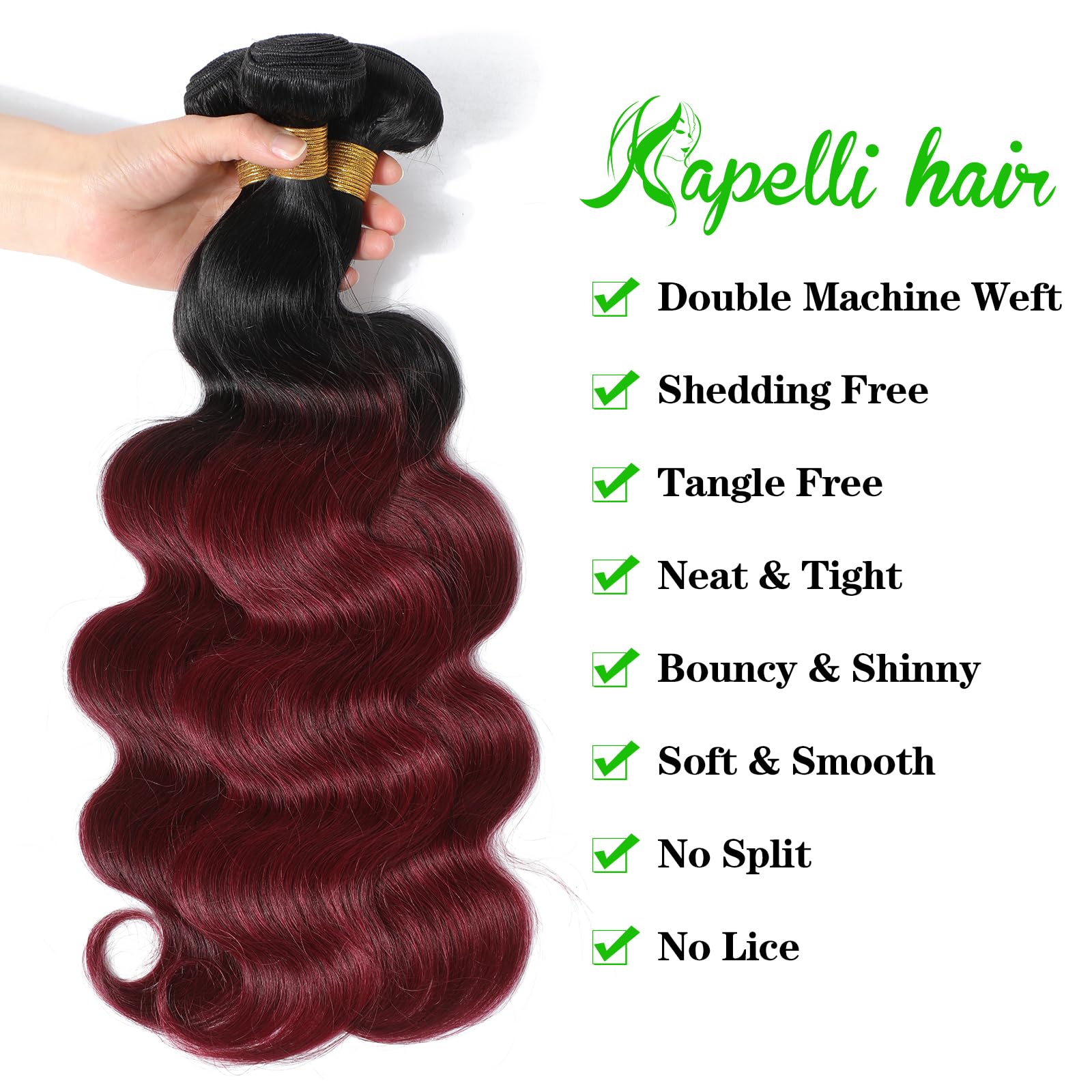 Kapelli 10A Brazilian Human Hair Bundles with Closure - Ombre Body Wave Weave (14 16 18+12 Inch) 2-Tone Black to Burgundy | Perfect for Sew-in Weaves, Extensions & Protective Styles