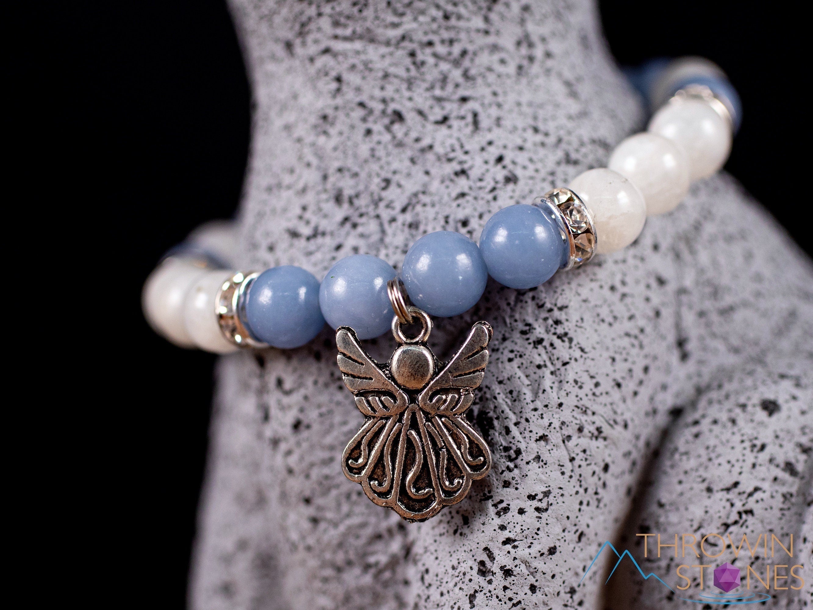 Angelite & Moonstone Crystal Bracelet - Angel Charm Beaded Bracelet with Round Beads | Handmade Healing Jewelry for Women | Spiritual Gift, Meditation & Energy Balancing Accessory (E2050)